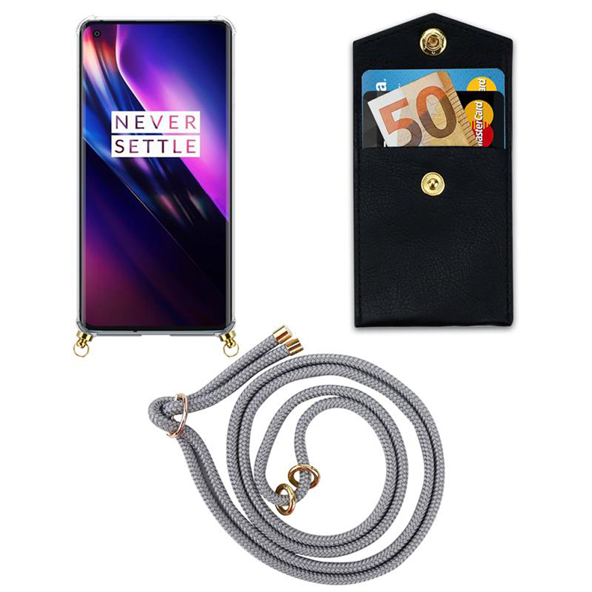 GRAU und Backcover, OnePlus, 8, SILBER CADORABO Hülle, Ringen, mit Gold Kette Band Handy Kordel abnehmbarer