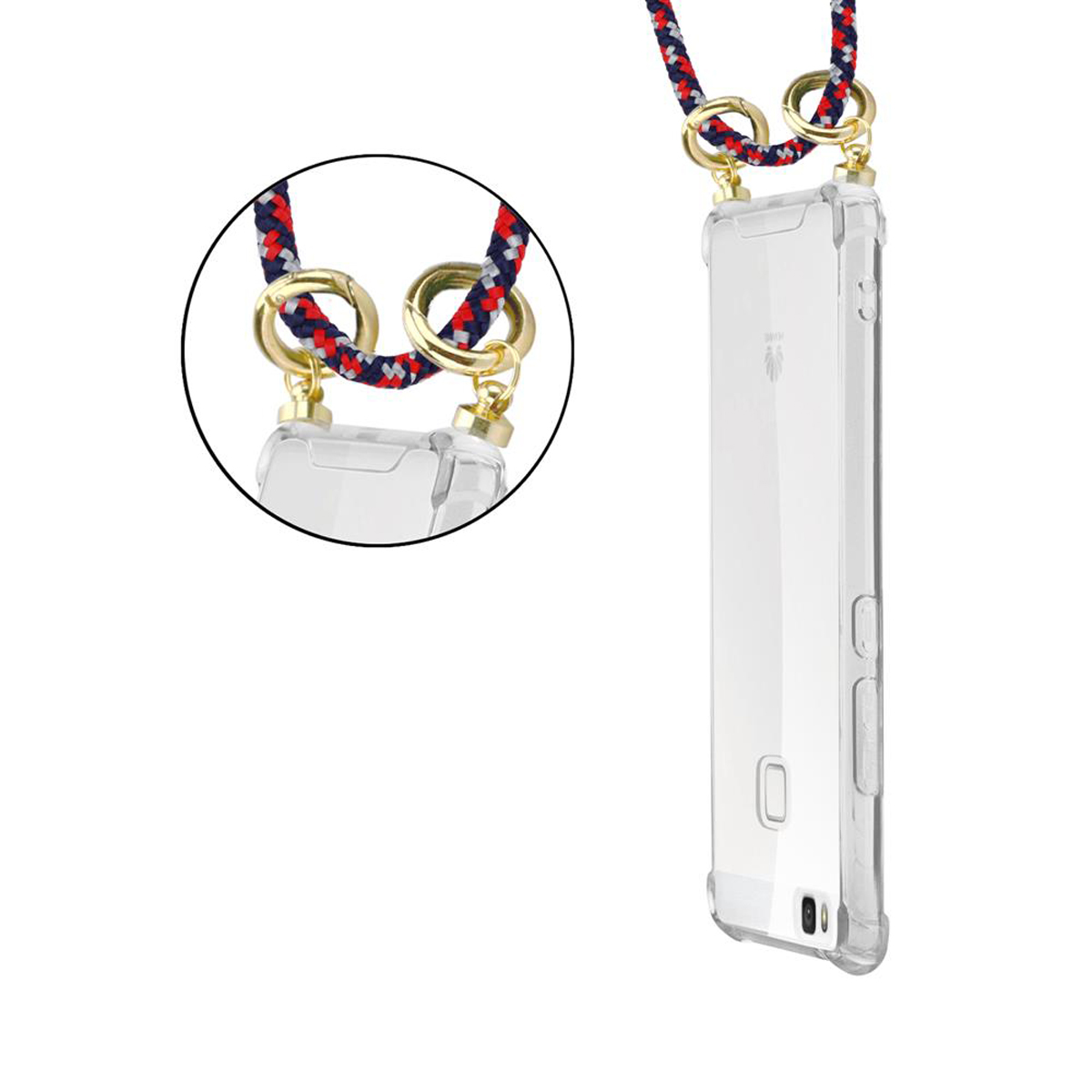 Transparente Handyhülle mit Lanyard. Das Lanyard hat zwei goldene Ringe, rotes, blaues und weißes Seil.