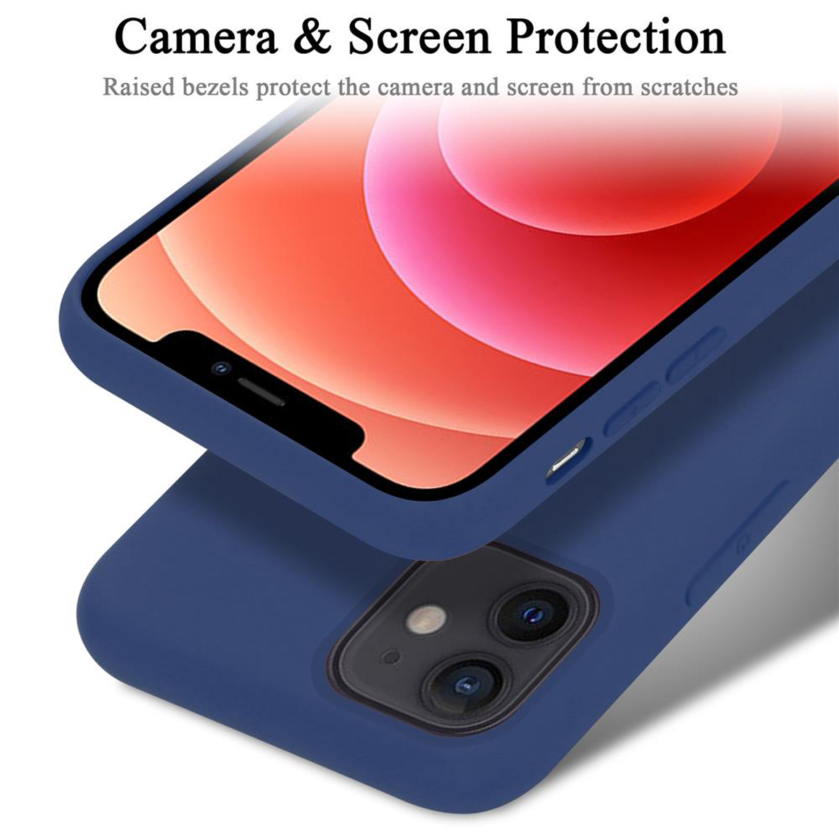Blaue Handyhülle mit Bildschirmschutz, zeigt Telefonbildschirm und Kamera, vor weißem Hintergrund.