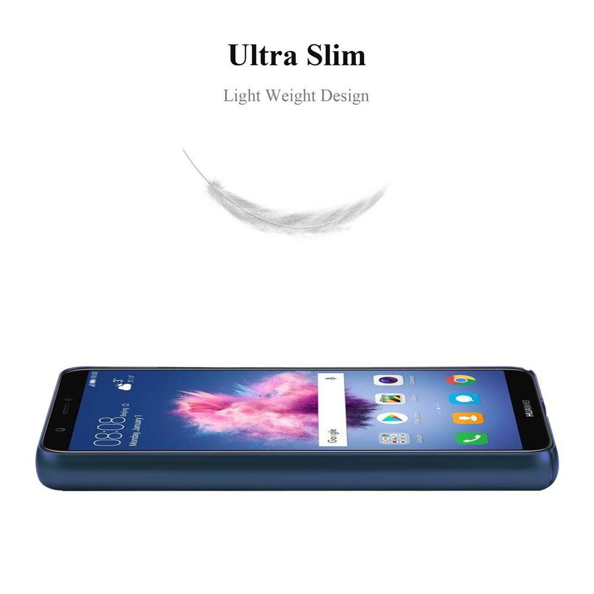 Un telefono blu su sfondo bianco, con una grafica a piuma sopra, che promuove un design sottile.