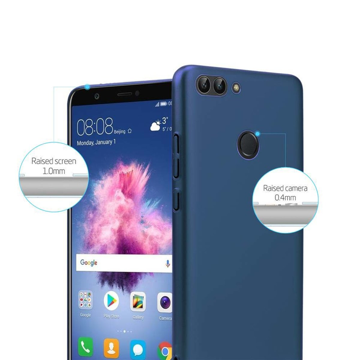 Un telefono blu con una custodia blu. Lo schermo mostra la data e l'ora. Dettagli sullo schermo e sulla fotocamera.