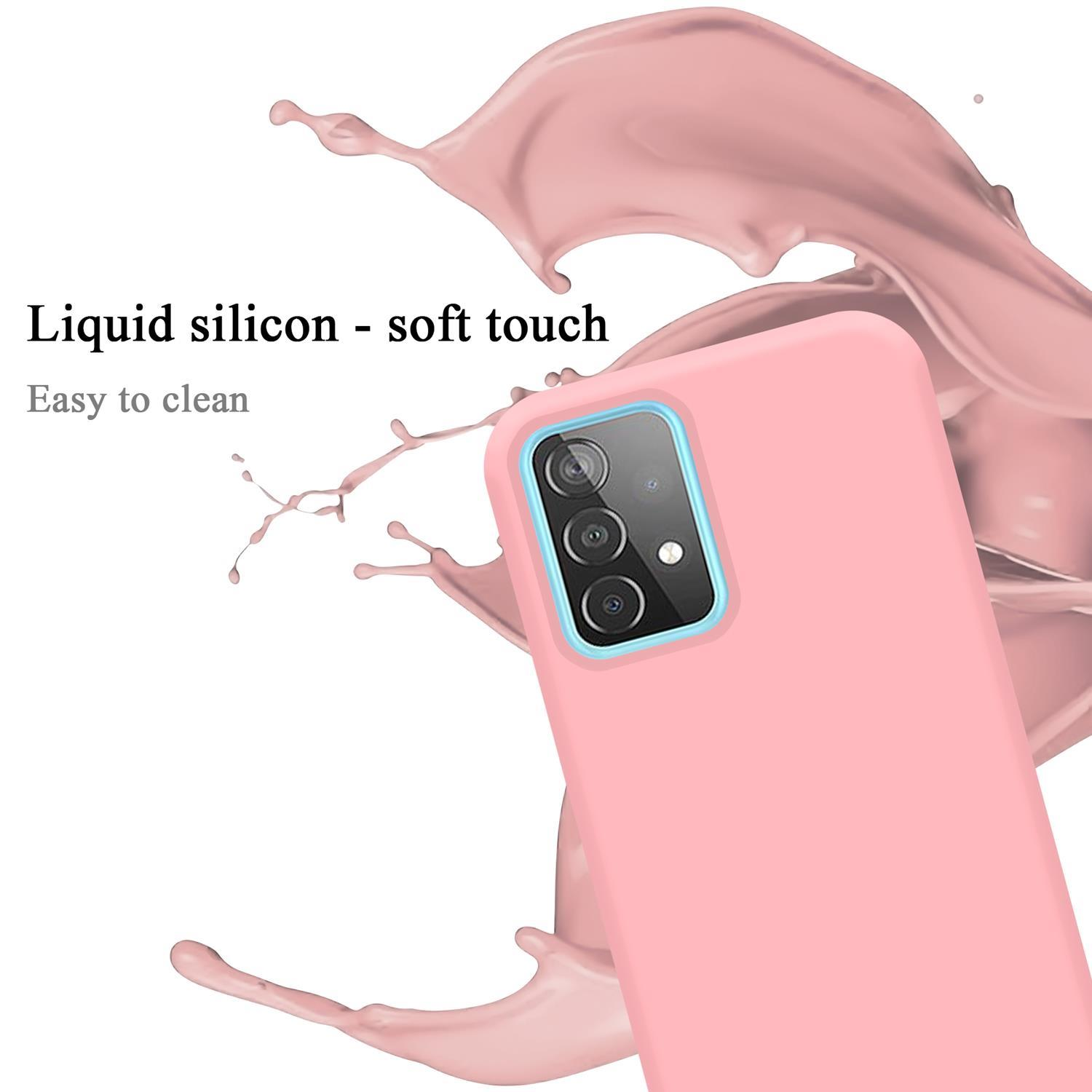 Eine pinkfarbene Handyhülle mit Dreifach-Kamera und Flüssigsilikon-Spritzern im Hintergrund.