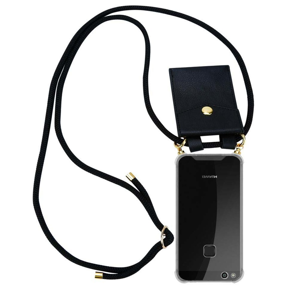 CADORABO Handy Kette mit P10 Kordel abnehmbarer Band Huawei, SCHWARZ Hülle, LITE, und Backcover, Gold Ringen
