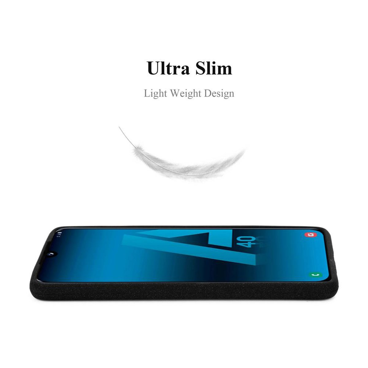 Telefono nero con schermo blu. Il testo sopra recita 'Ultra Slim, Light Weight Design'. Una piuma fluttua.