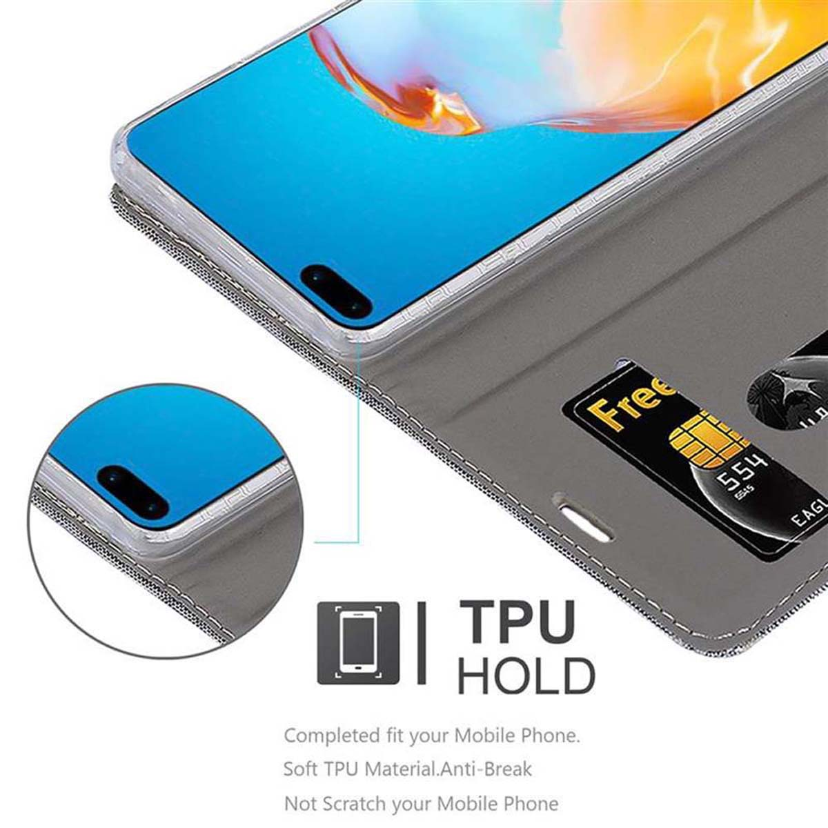 Handyhülle mit Karte. Text auf Hülle: "TPU HOLD" und Produktdetails darunter.