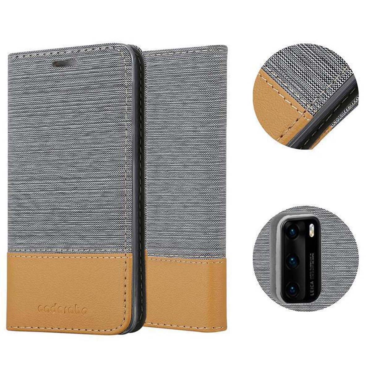 Handyhülle mit Telefon. Die Hülle ist grau und braun. Im Hintergrund sind drei Kreise.