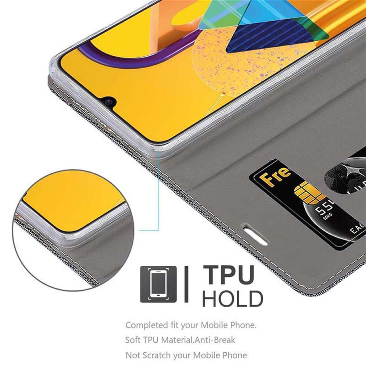 Eine Handyhülle mit Wallet-Design. Text sagt 'TPU HOLD'. Die Hülle hat Kreditkartenfächer.