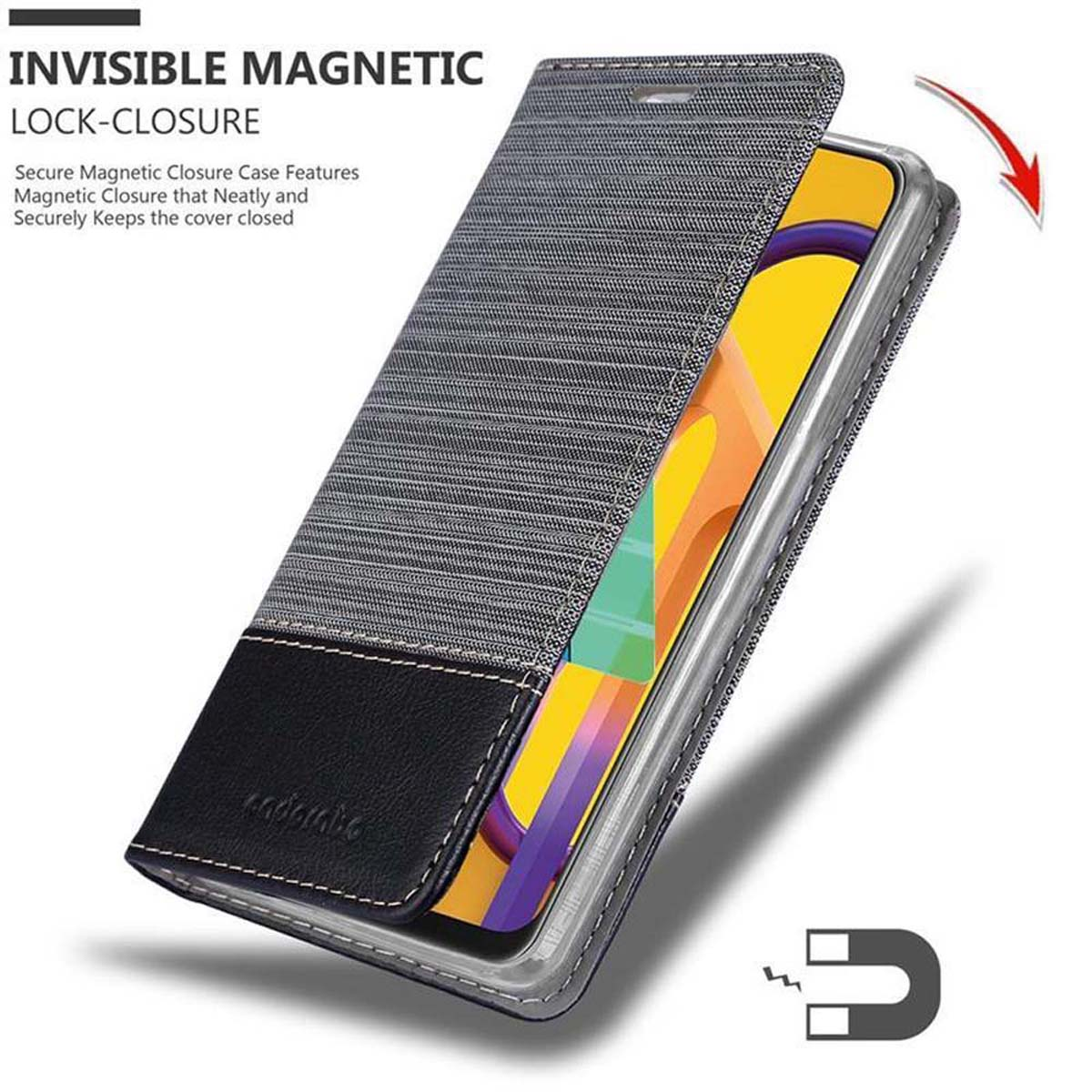Schwarz-graue Handyhülle mit Magnetverschluss. Offenes Design, gelber Bildschirm.