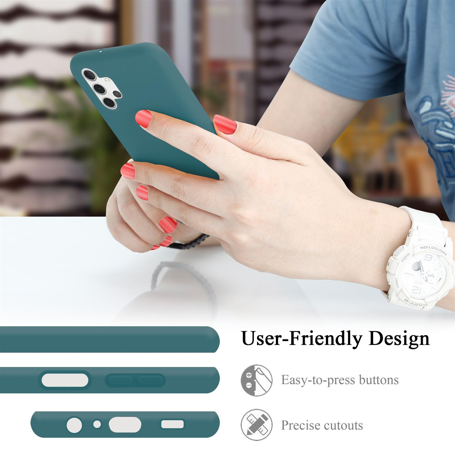 Eine Person, die ein türkisblaues Telefon mit roten Nägeln hält. Die Handyhülle hat ein benutzerfreundliches Design mit leicht zu drückenden Tasten.
