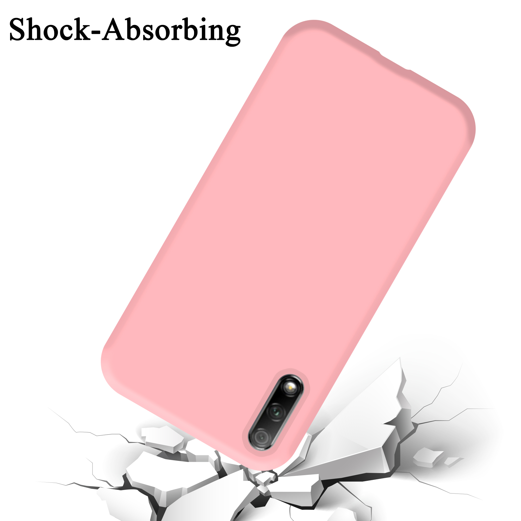 Funda rosa para teléfono cayendo, grietas debajo. Texto: Absorbe golpes.