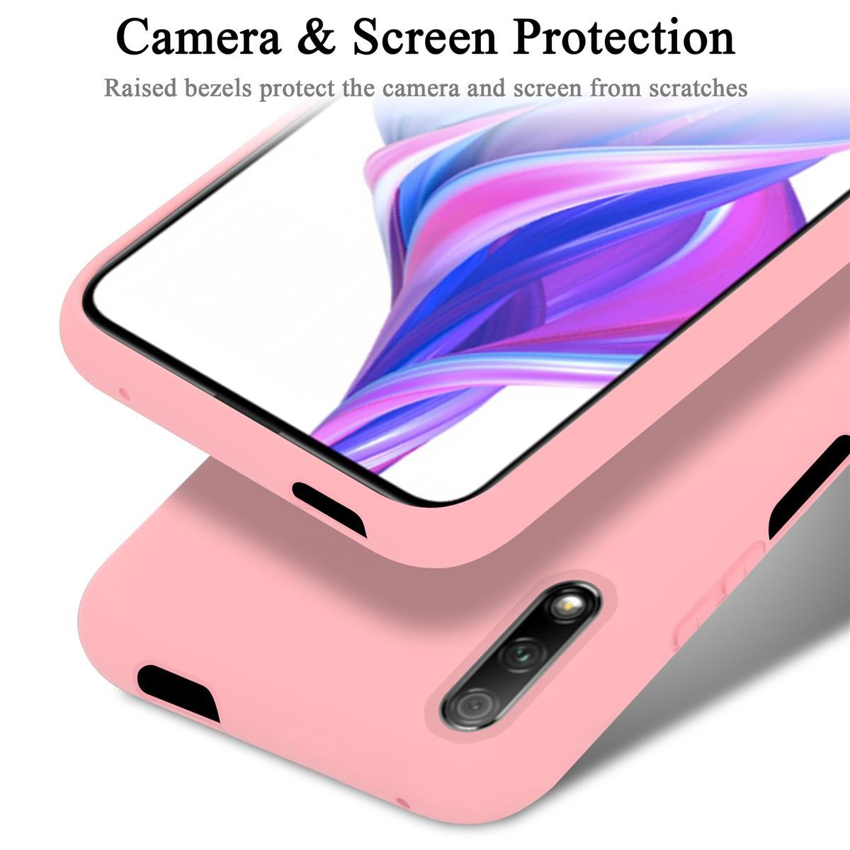 Funda de teléfono rosa, primer plano de la parte posterior, con la cámara, con texto de protección de cámara y pantalla.