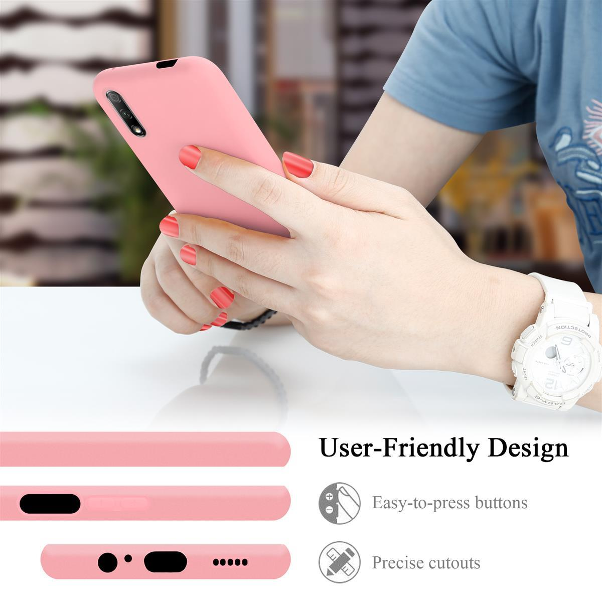 Manos sosteniendo un teléfono rosa. Texto: 'Diseño fácil de usar' con detalles de iconos.