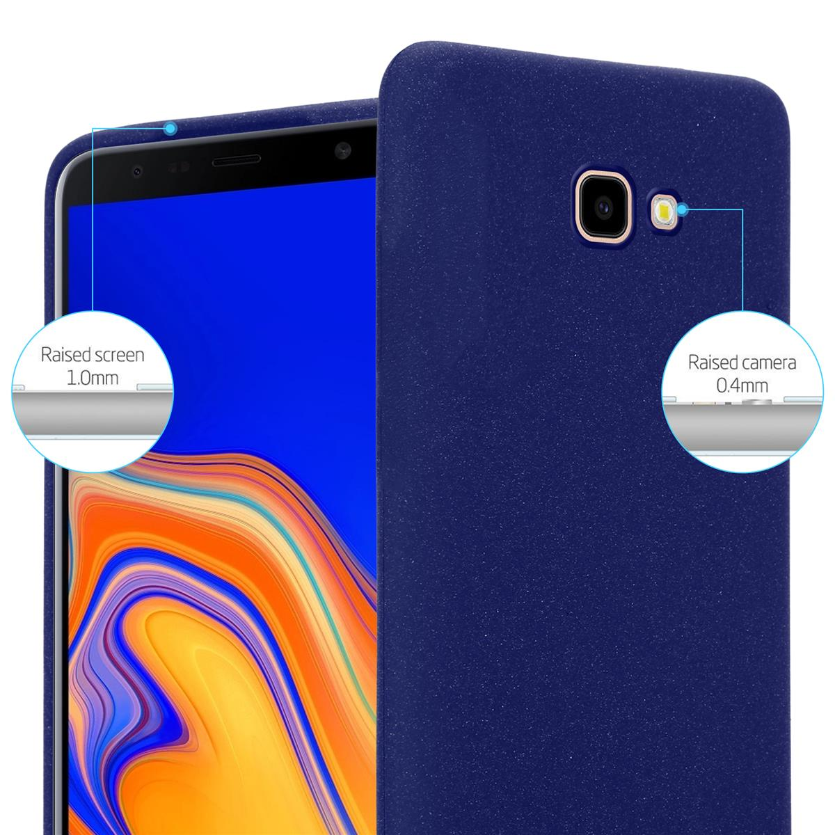 Primo piano di una custodia per telefono blu con aree rialzate per fotocamera e schermo.
