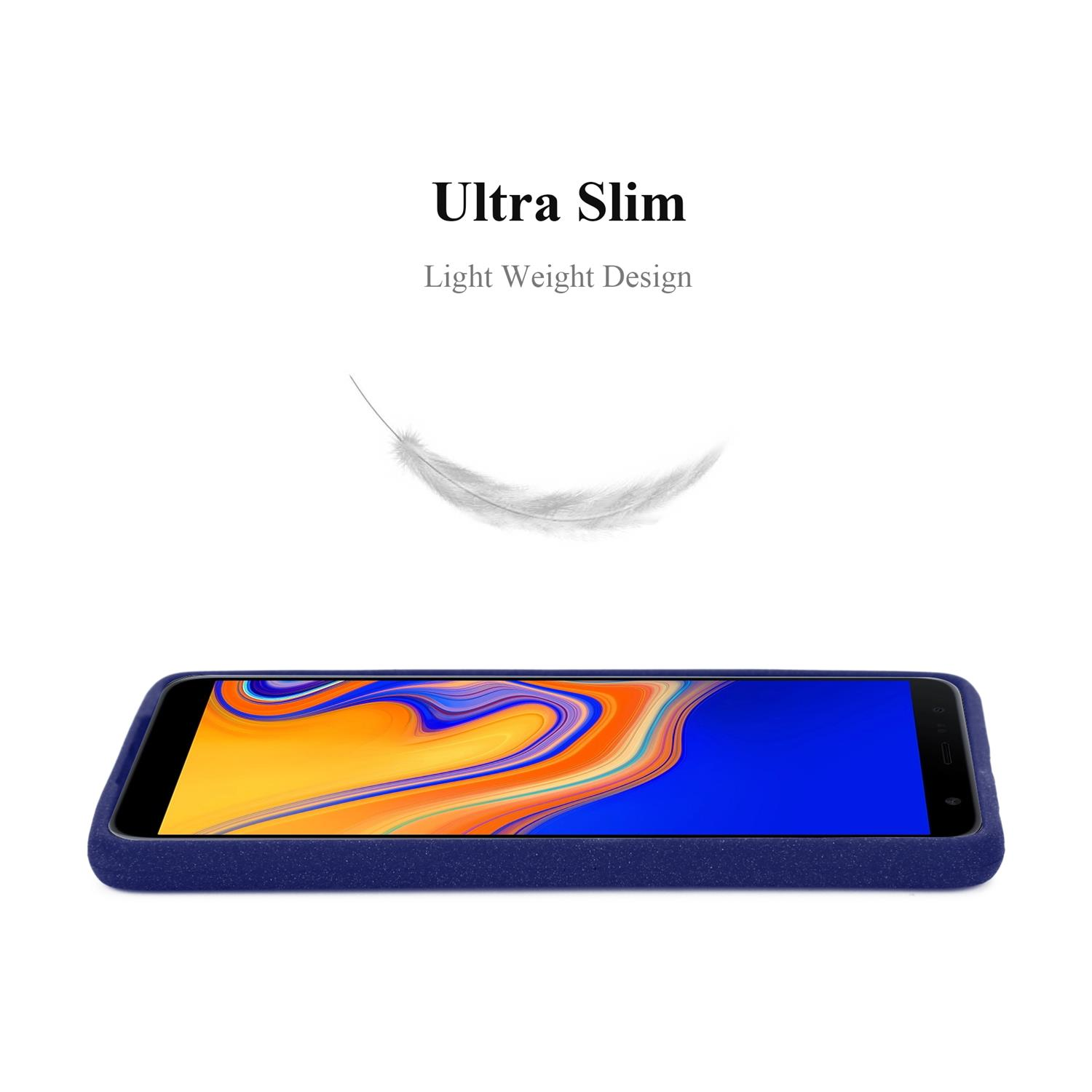Una custodia blu e un telefono, con una grafica di piuma sopra.