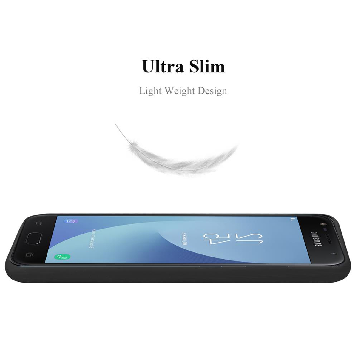 Custodia nera per telefono con un telefono Samsung. Il testo 'Ultra Slim, Light Weight Design' è visibile.
