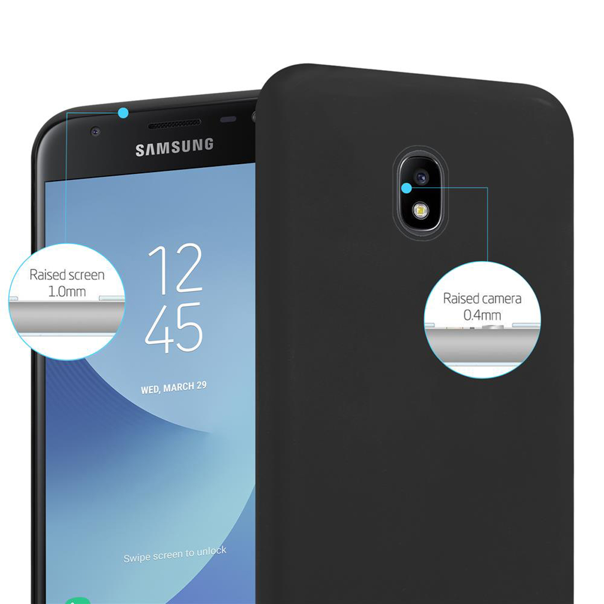 Un telefono nero con schermo e fotocamera rialzati, con testo sulle funzionalità.