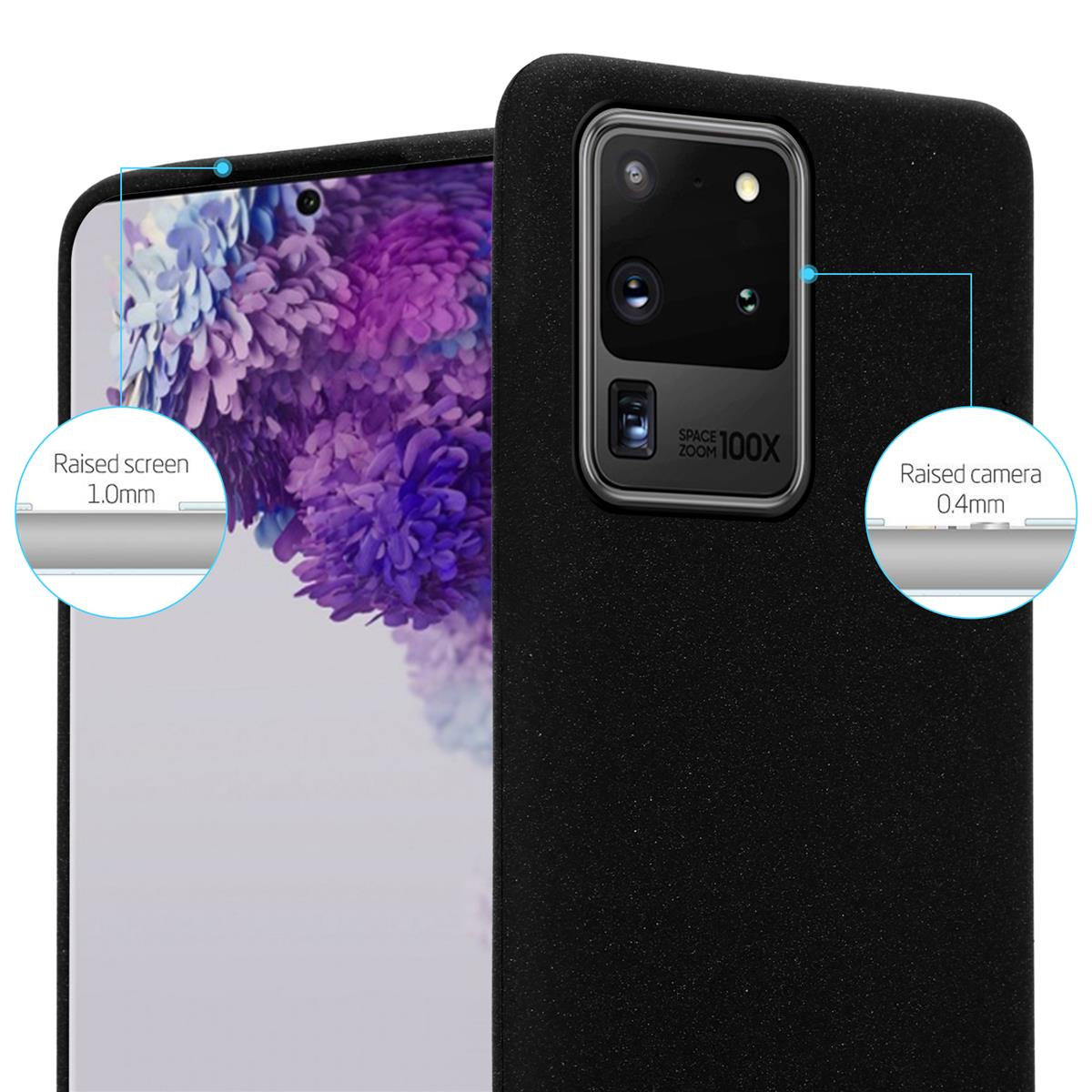 Primo piano di una custodia nera, schermo e fotocamera rialzati per protezione. Testo indica l'innalzamento.