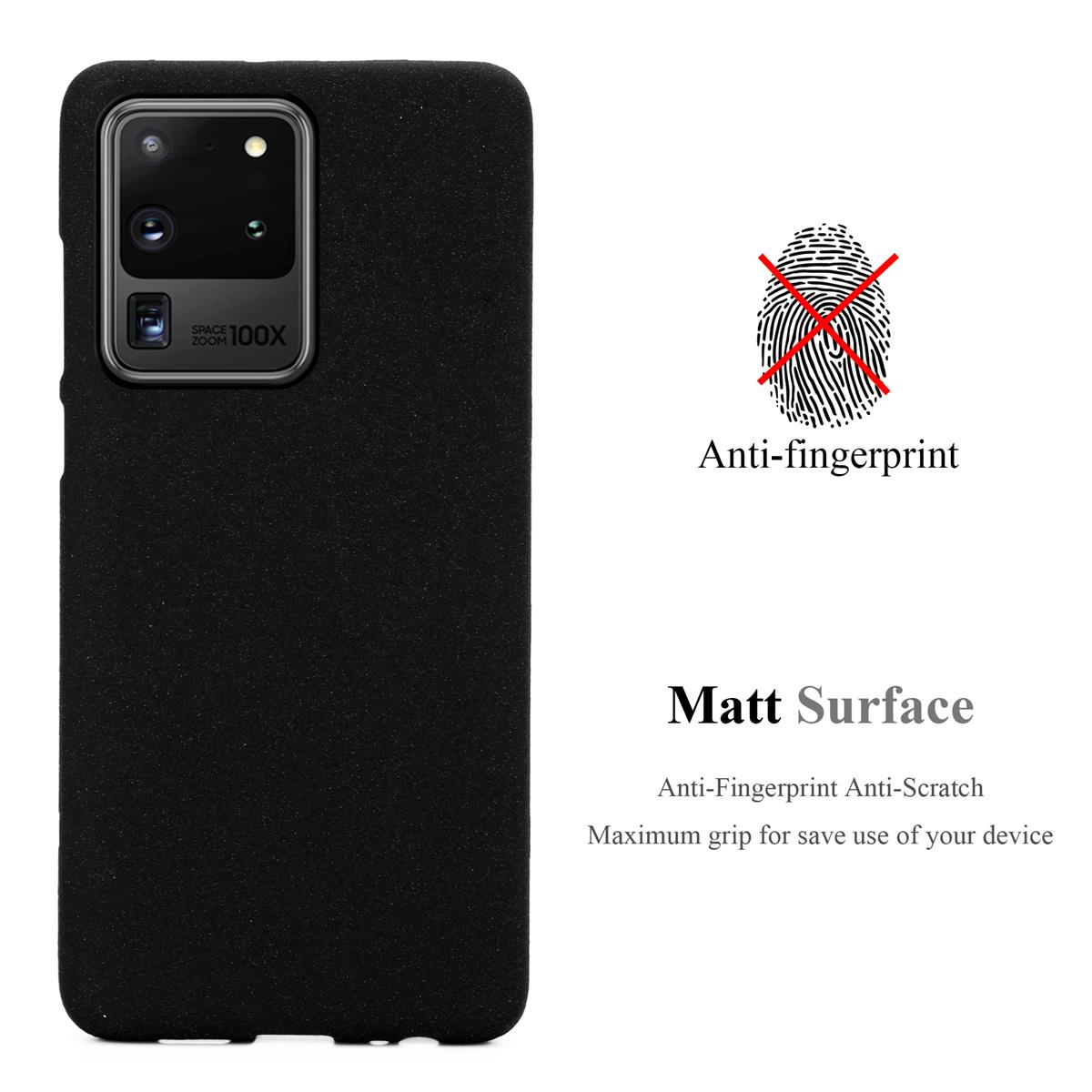 Una custodia per telefono nera con una fotocamera e le parole 'Anti-impronte' e 'Superficie opaca'.