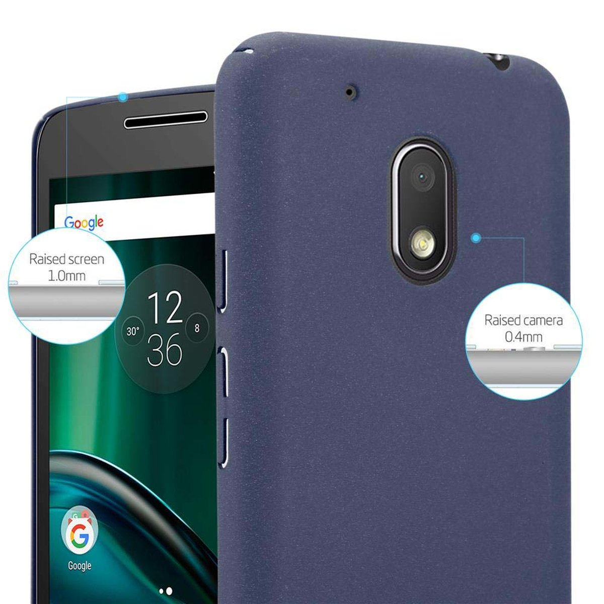 Una custodia blu per telefono su un telefono. Lo schermo è visibile a sinistra. La fotocamera è a destra.