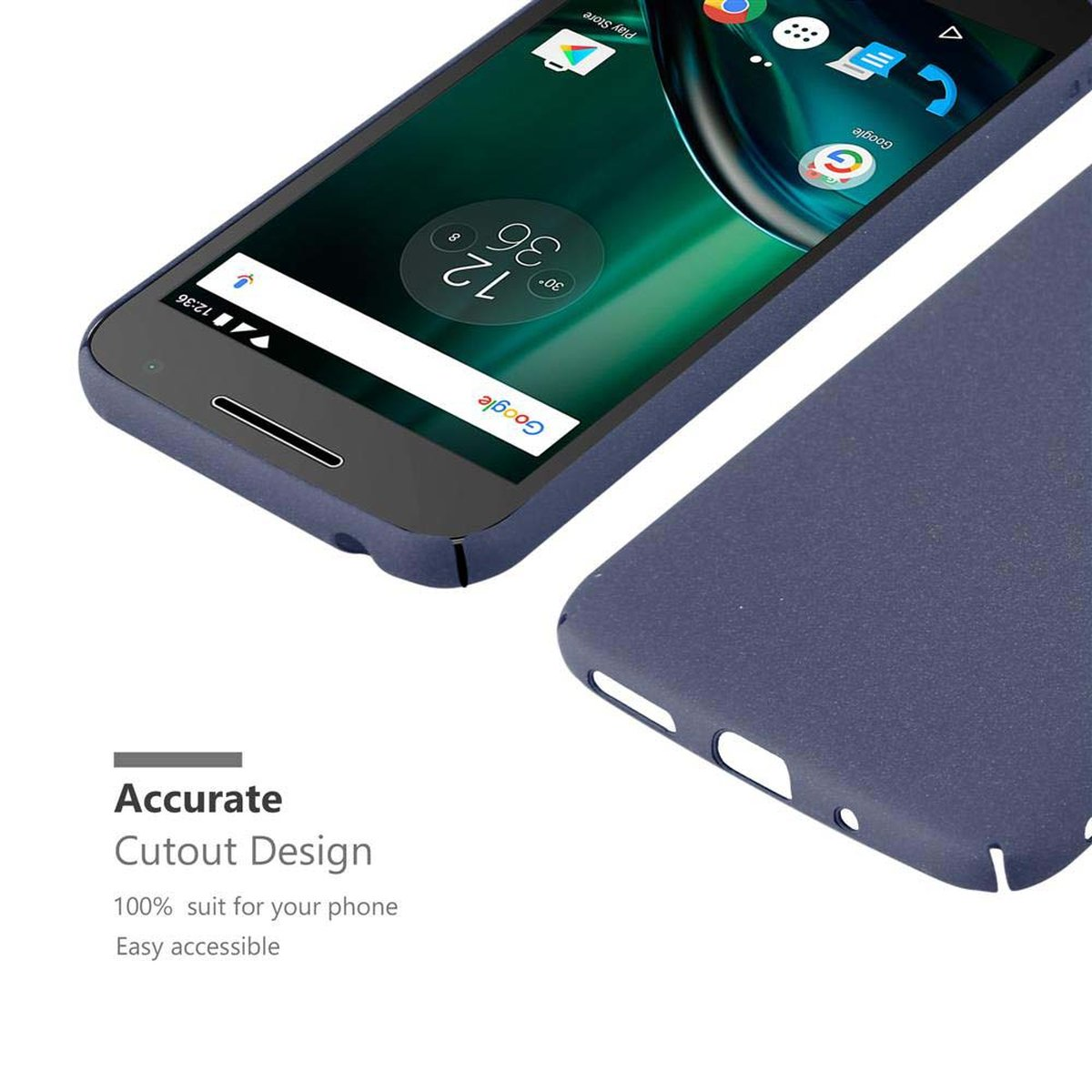 Telefono e custodia blu. Lo schermo mostra una barra di ricerca Google e l'ora. La custodia è di lato.