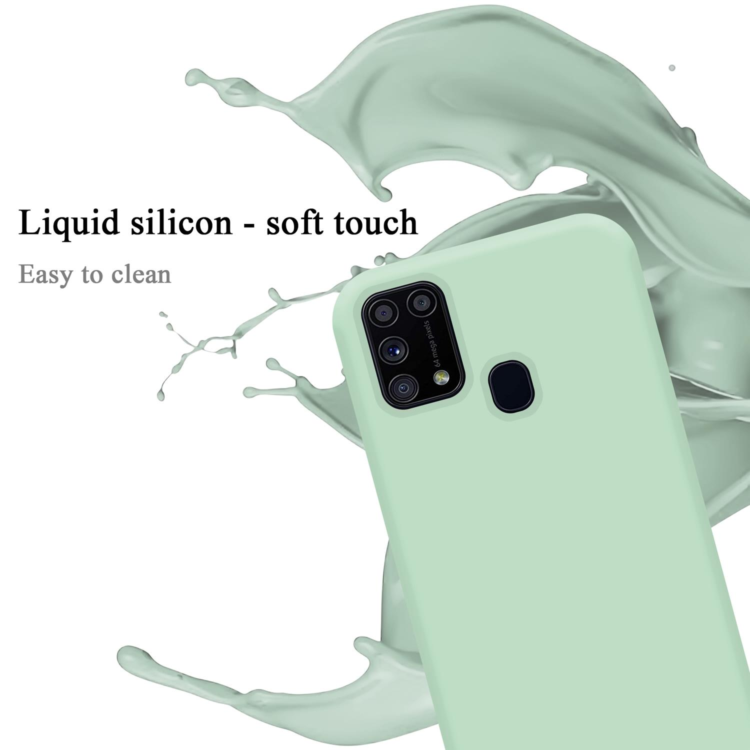 Una custodia per telefono verde menta con un modulo fotocamera e le parole "Liquid silicon - soft touch. Easy to clean".
