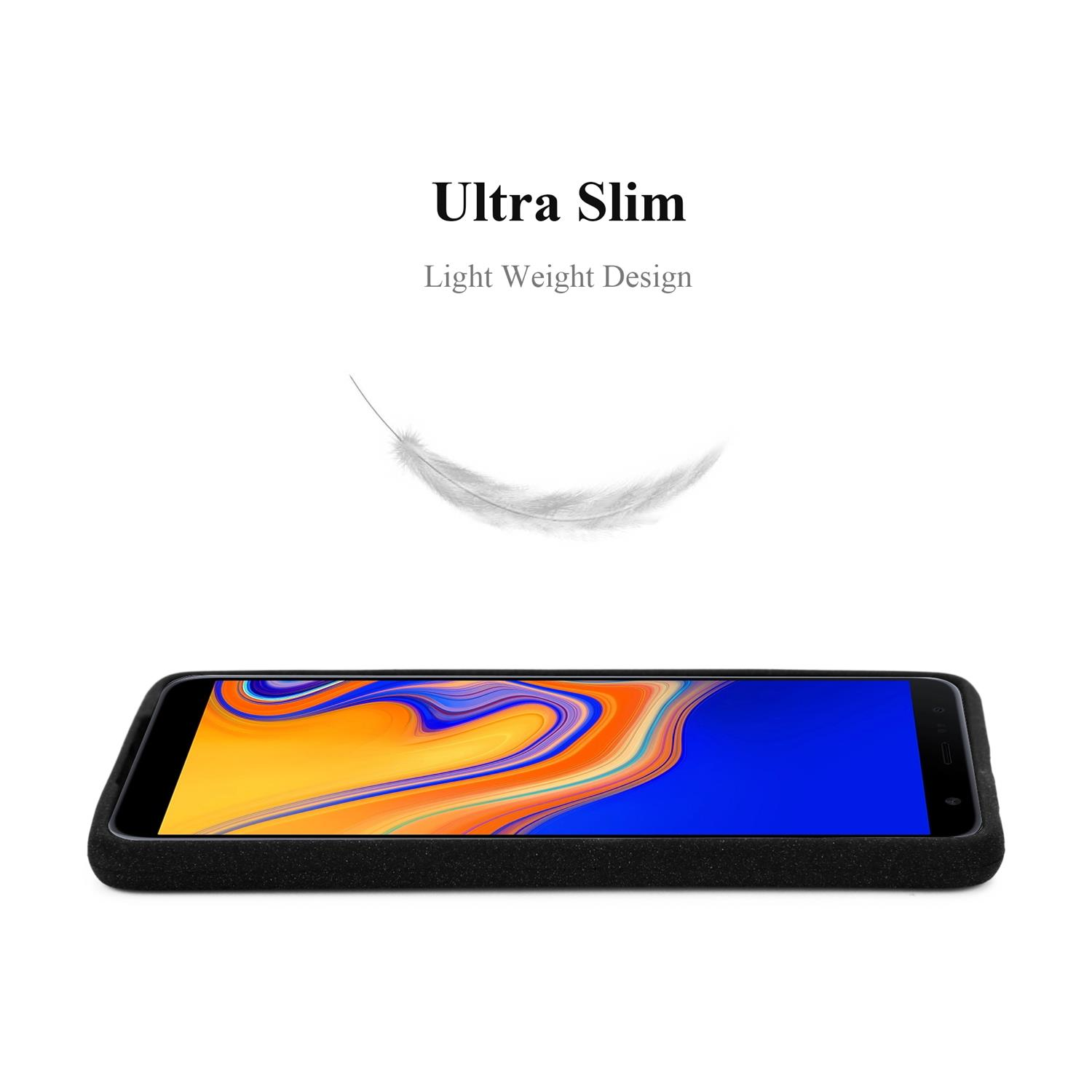 Custodia nera per telefono su superficie, con piuma fluttuante, design sottile.