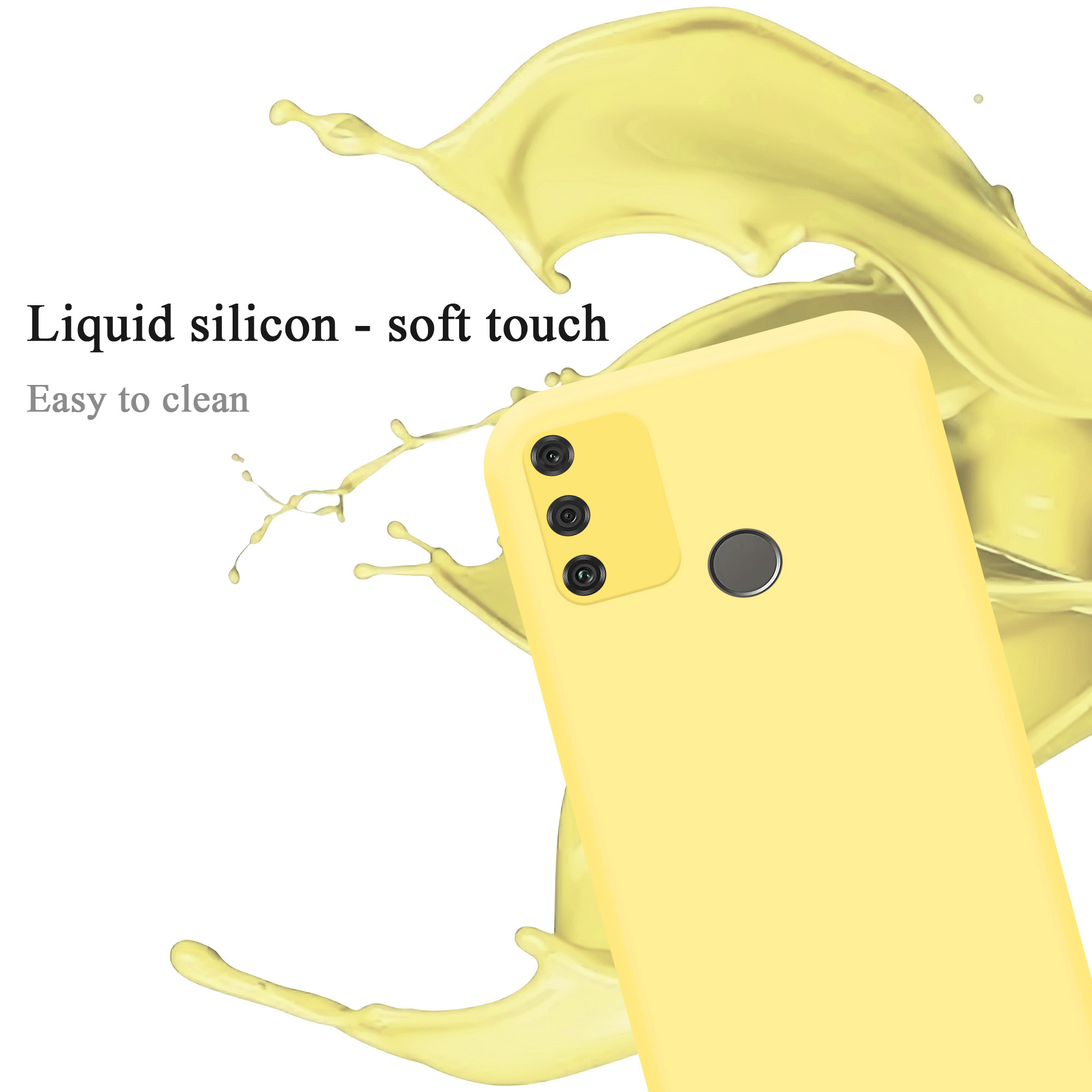 Eine gelbe Handyhülle mit einem Telefon darin. Gelbe Flüssigkeit spritzt auf den weißen Hintergrund.