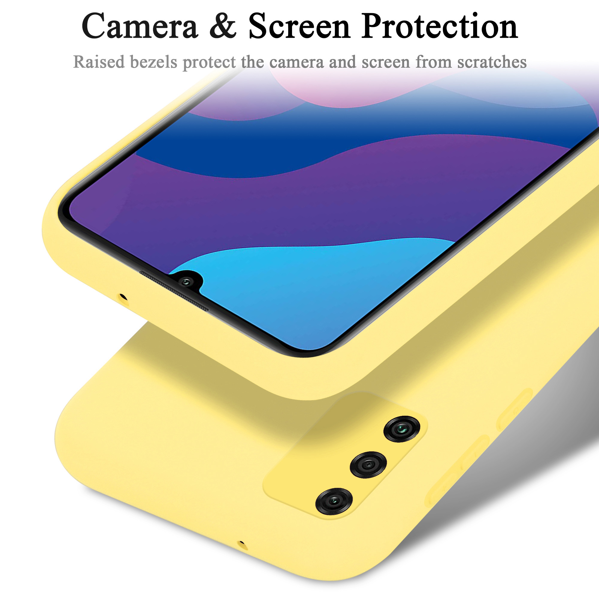 Gelbe Handyhülle, Kameraschutz, Text 'Camera & Screen Protection', erhöhte Blenden.