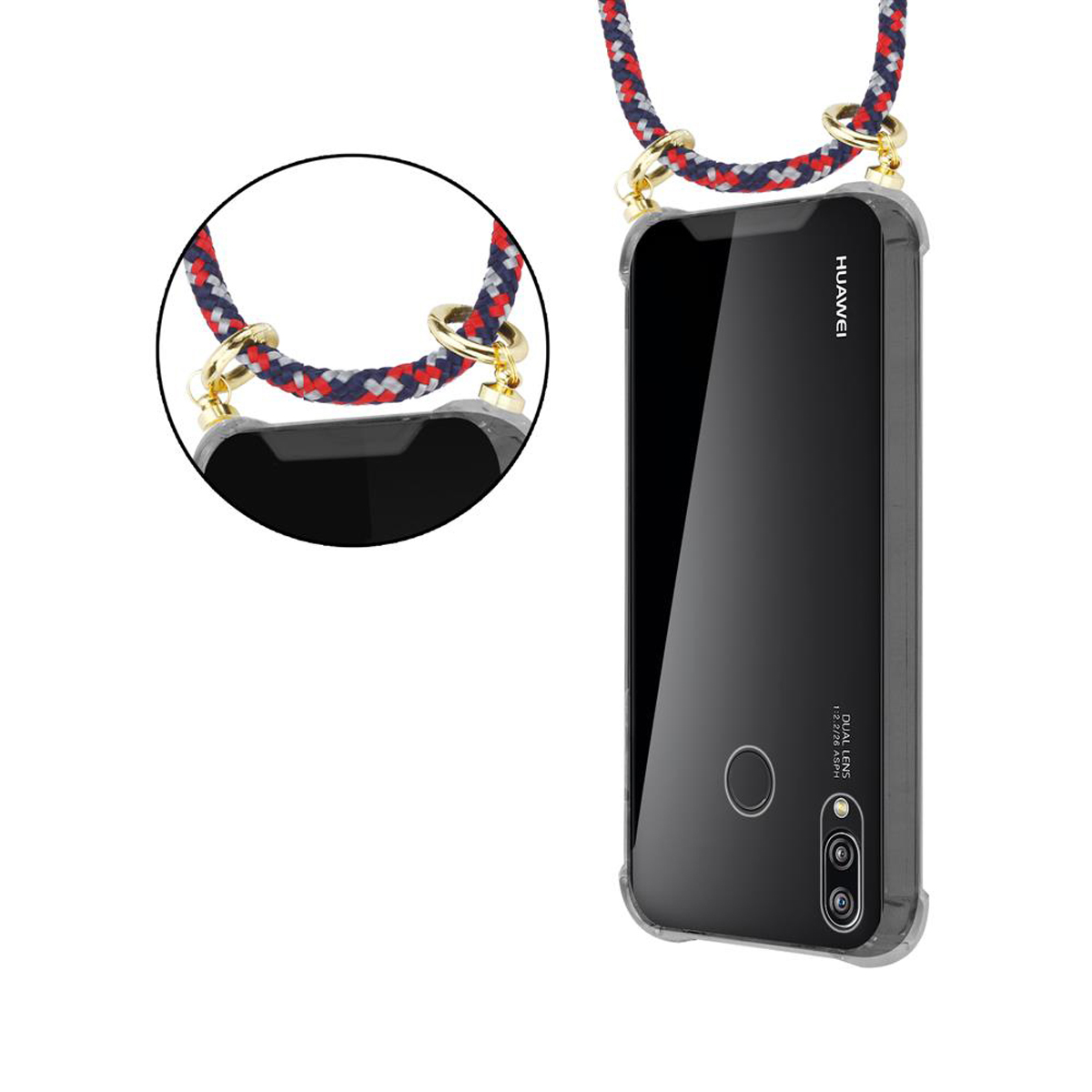 Una custodia trasparente per telefono con cordino. Un telefono Huawei all'interno, con fotocamera a doppia lente.