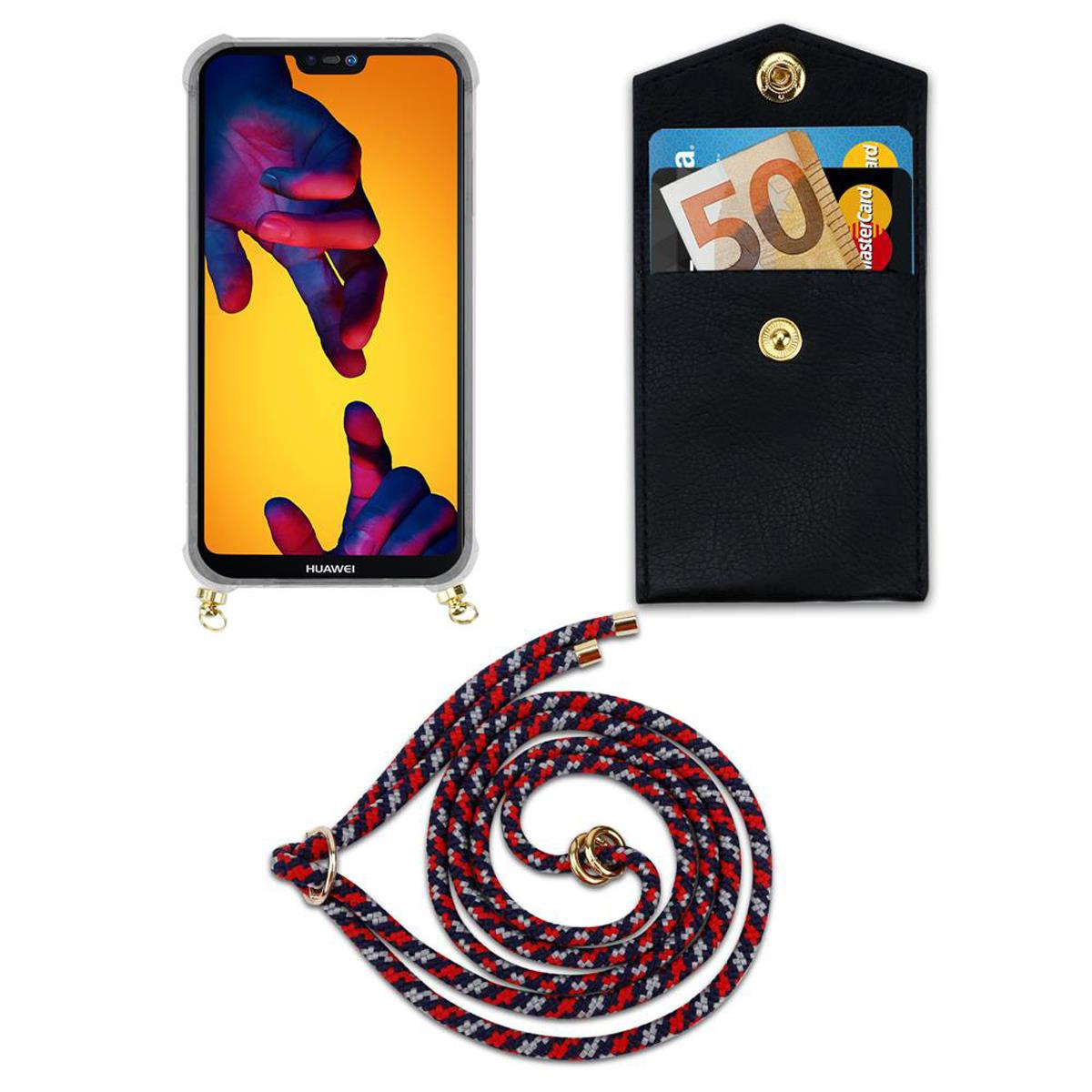 Telefono in custodia con cordino. Portafoglio nero con carte. Sfondo bianco.