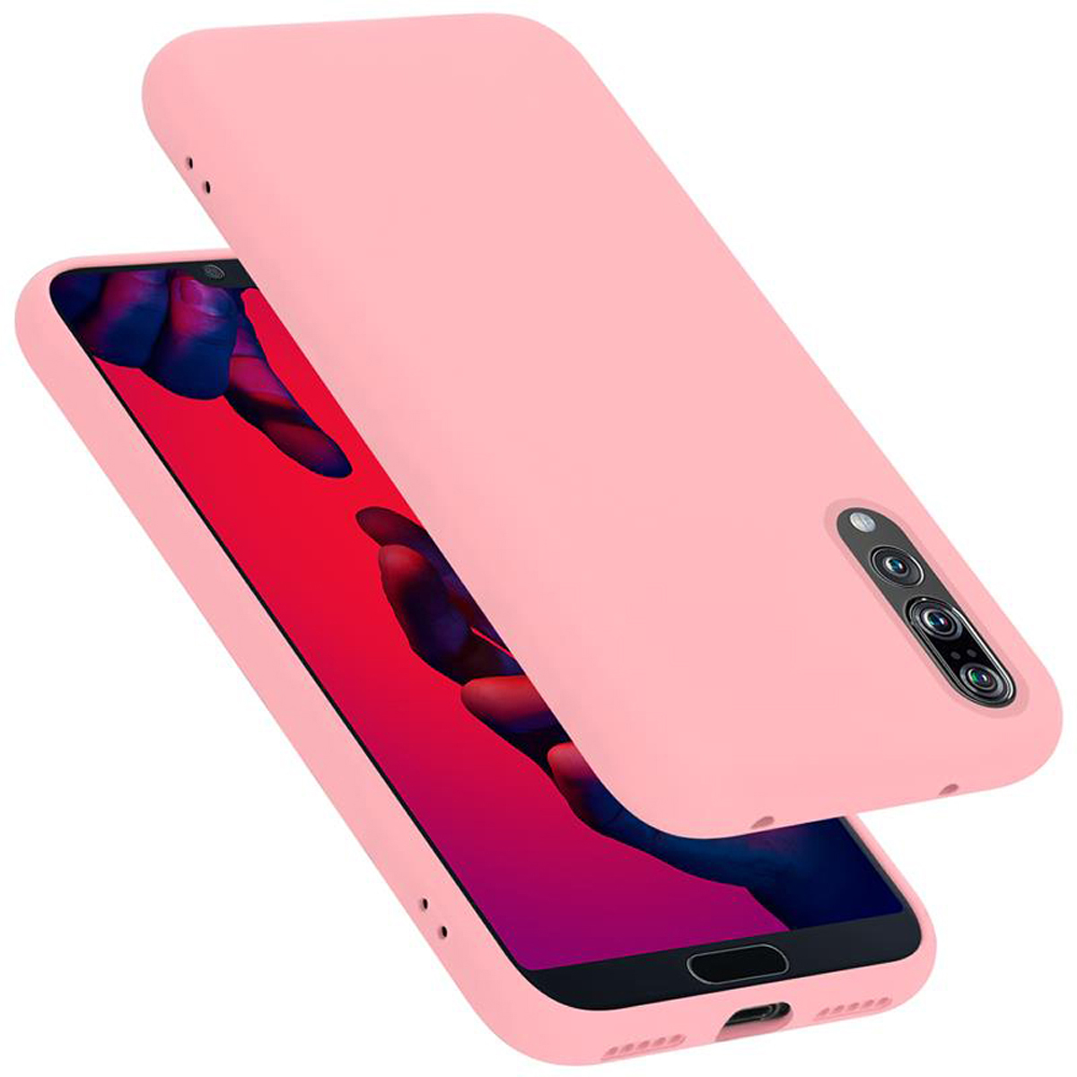 Eine rosa Handyhülle mit zwei Teilen, eines oben auf dem anderen.