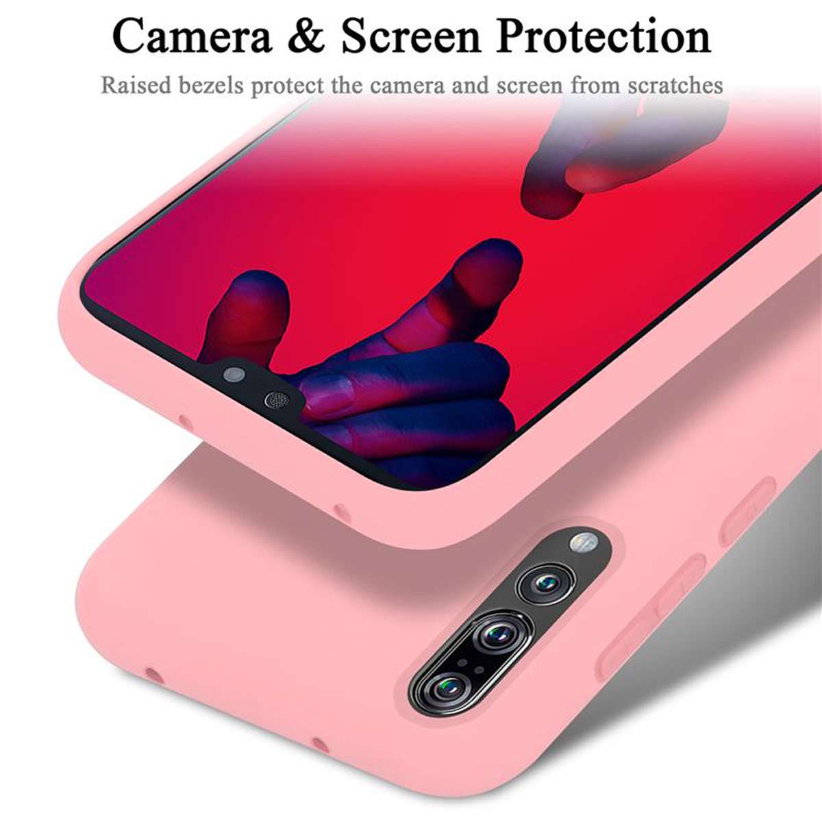 Telefon in einem rosa Gehäuse. Das Gehäuse schützt die Kamera und den Bildschirm.
