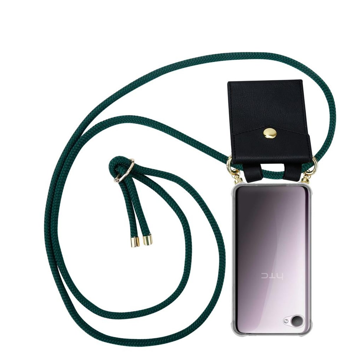 Telefon mit dunkelgrünem Seil, schwarzem Etui. Weißer Hintergrund.