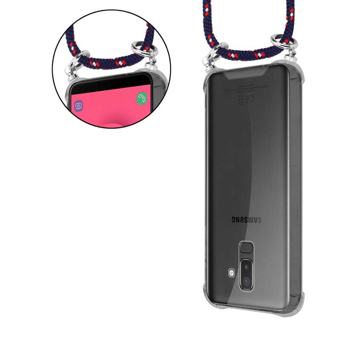 Eine transparente Handyhülle mit einem rot-weiß-blauen Riemen. Die Hülle hat einen goldenen Aufsatz. Ein Telefon ist im Inneren.