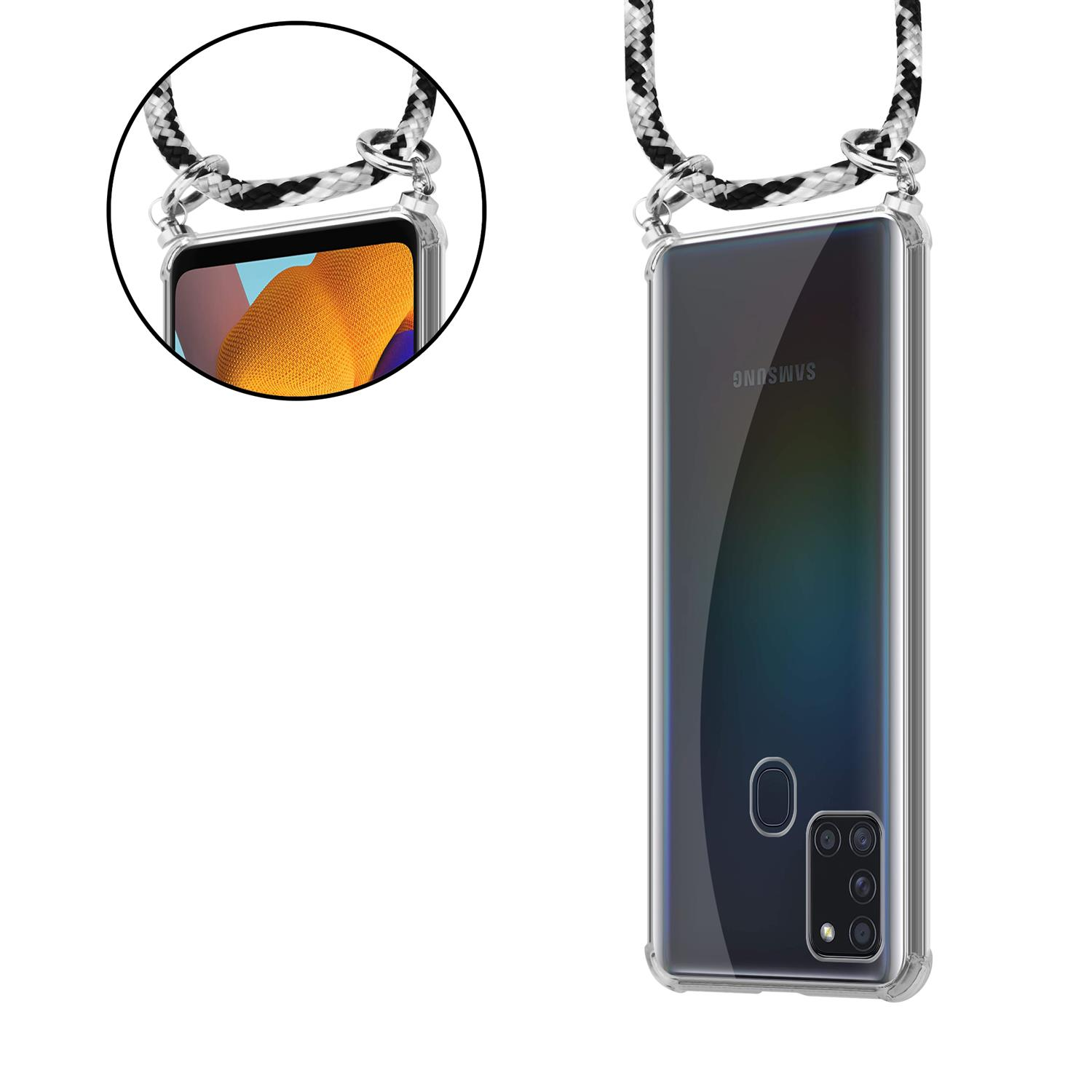 Una custodia trasparente per telefono con un cordino bianco e nero e un primo piano dello schermo del telefono.