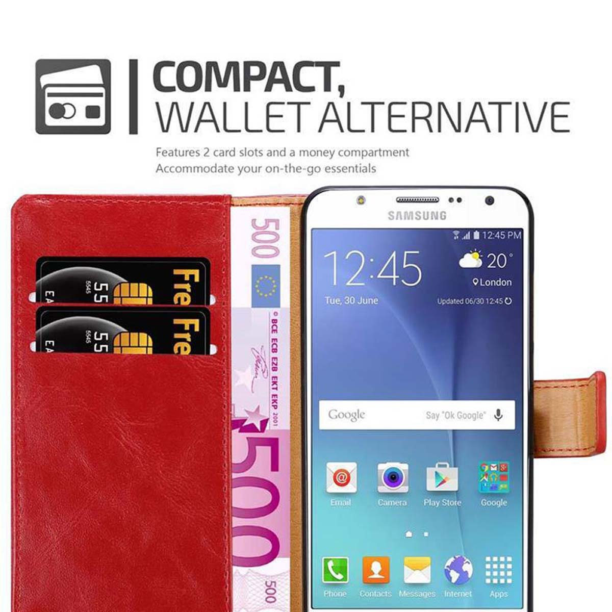 Portafoglio rosso con soldi e carte, e un telefono che mostra l'ora. Testo: Compatto, Alternativa al portafoglio.