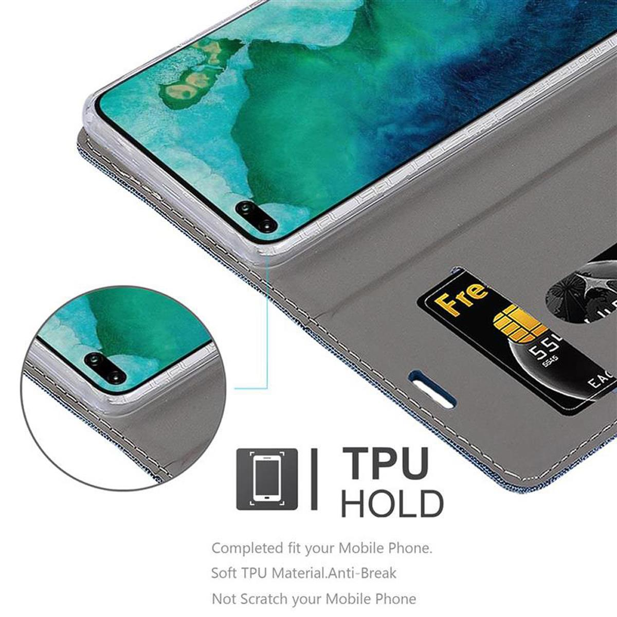 Eine Handyhülle mit Kartenhalter, offen und zeigt eine Karte. Text: TPU HOLD.