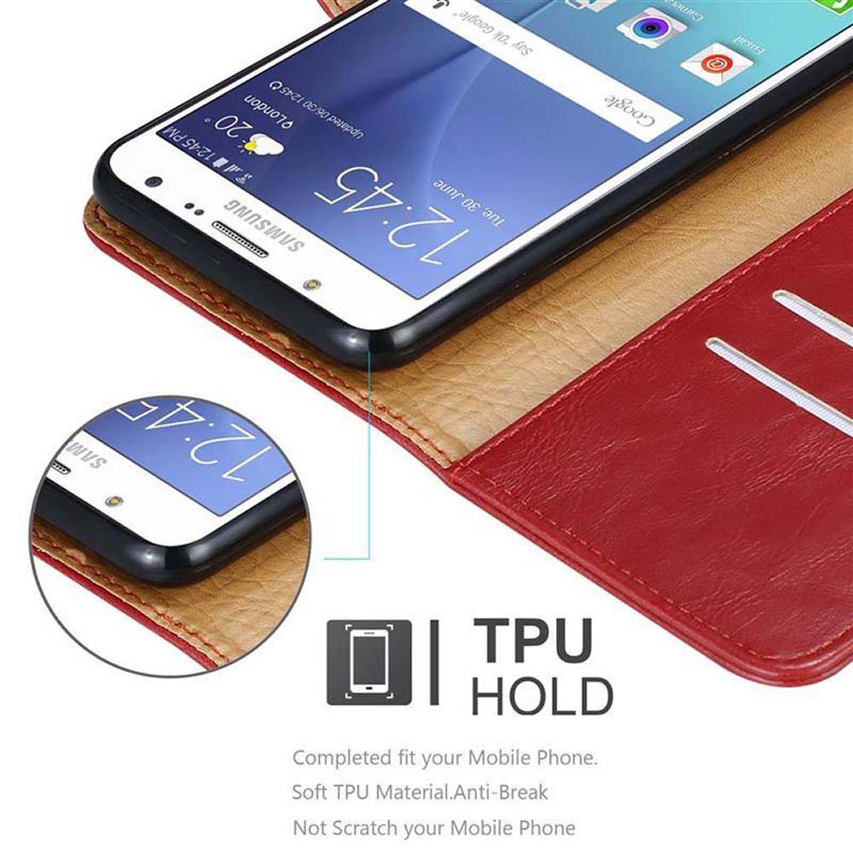 Telefono Samsung in una custodia di pelle rossa, aperto per rivelare lo schermo. L'ora è 12:45.