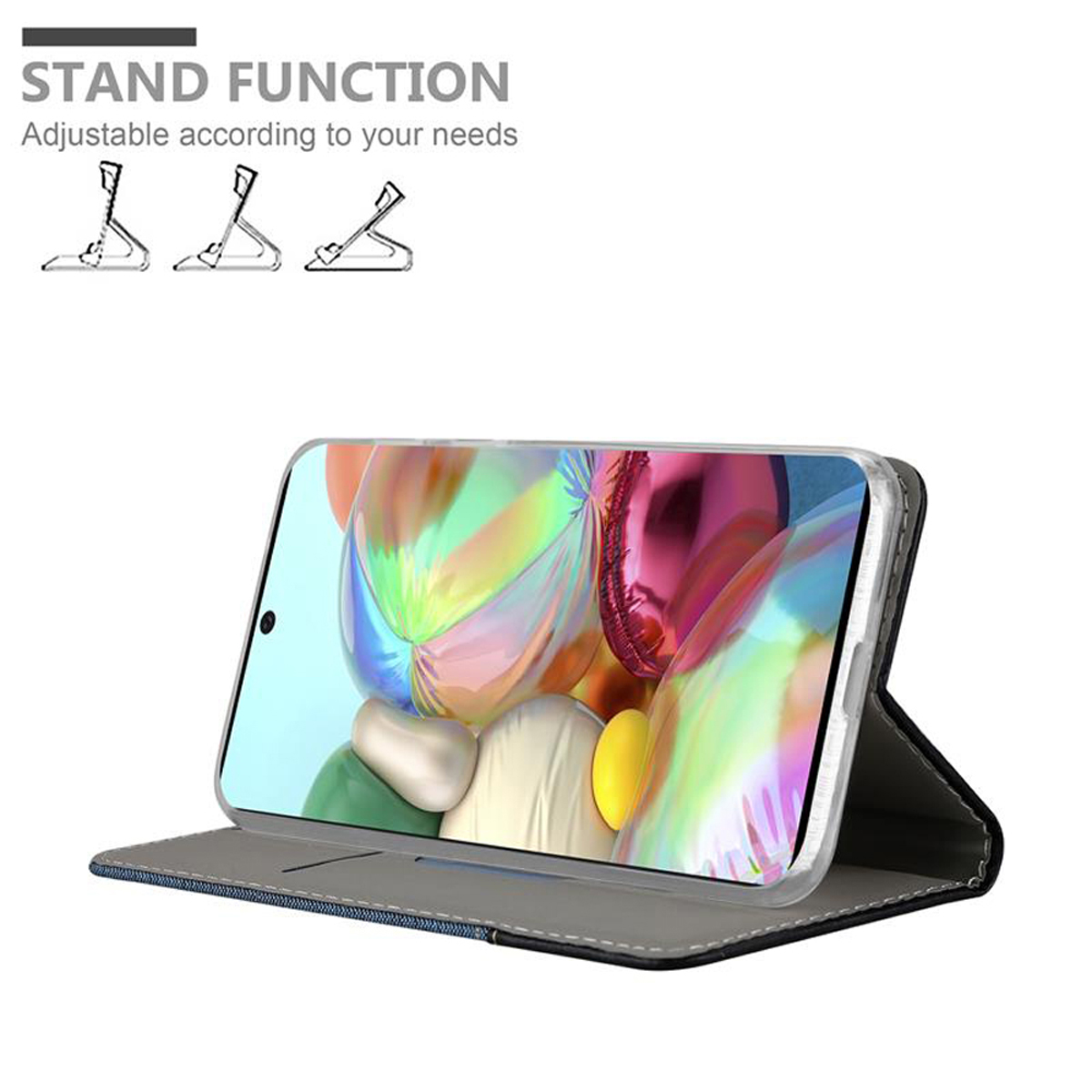 Un telefono in una custodia con funzione stand, su una superficie, con il testo 'Stand Function' e grafiche.