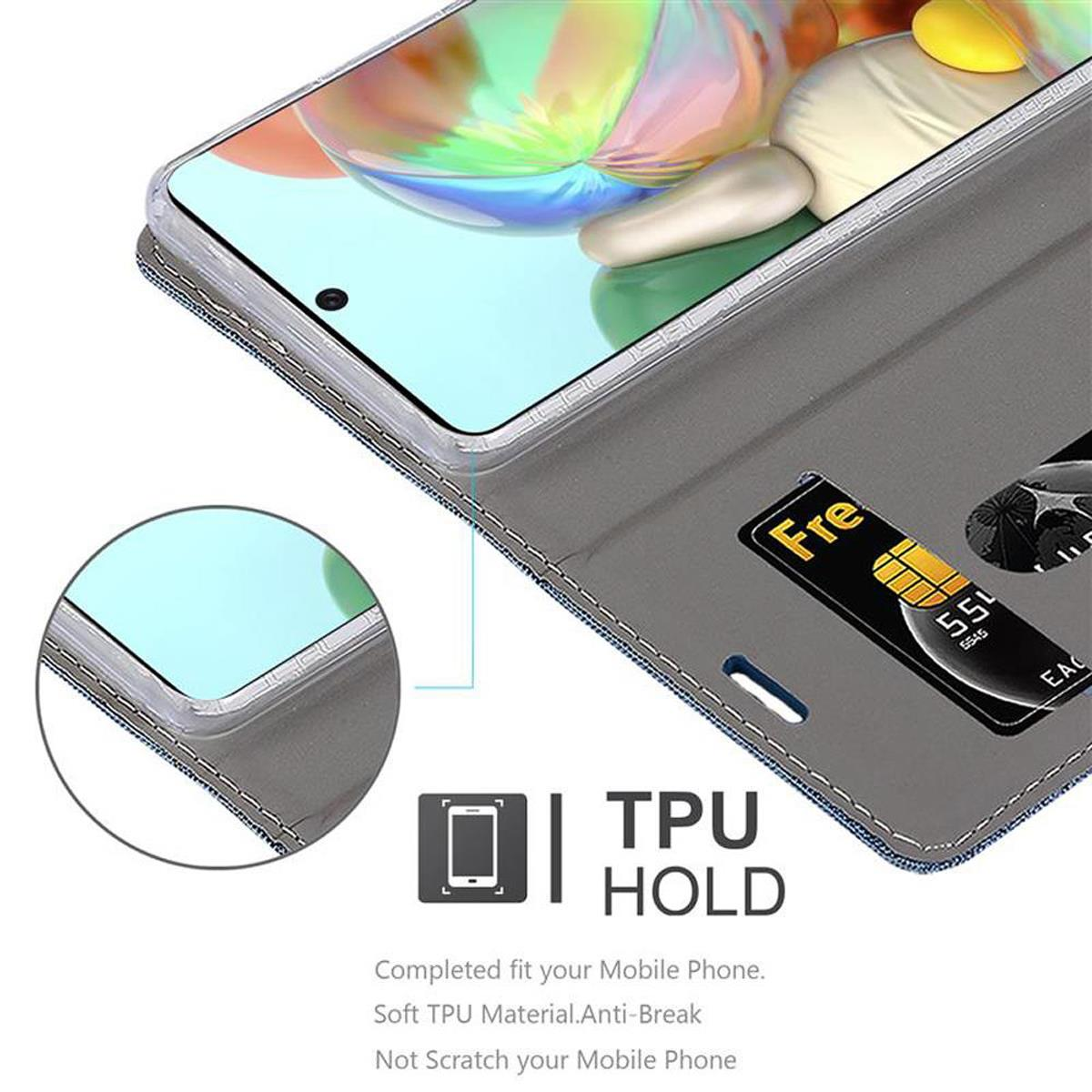 Telefono in custodia grigia con carta. Testo: 'TPU Hold'. Sfondo bianco.