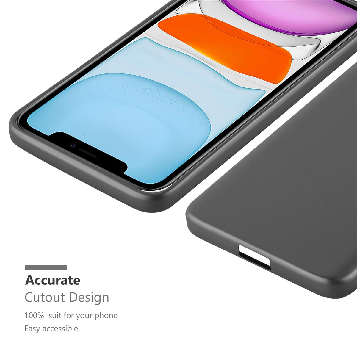 Nahaufnahme einer schwarzen Handyhülle mit Telefon. Text: Präzises Ausschnitt-Design.
