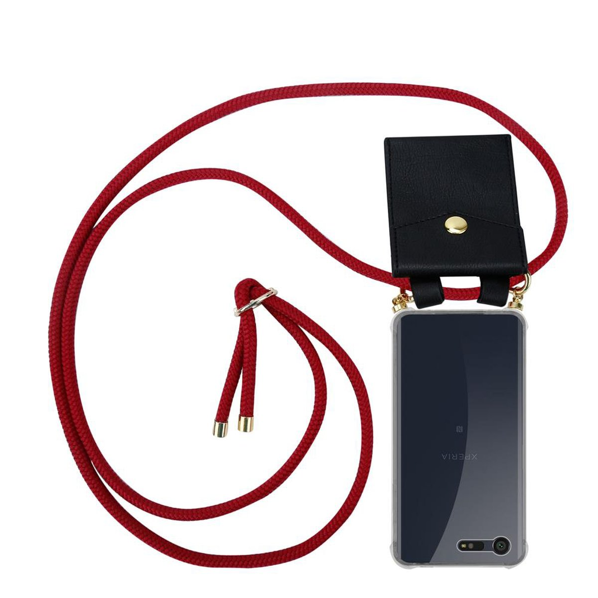 Correa roja para teléfono con funda negra, teléfono dentro. Fondo blanco liso.