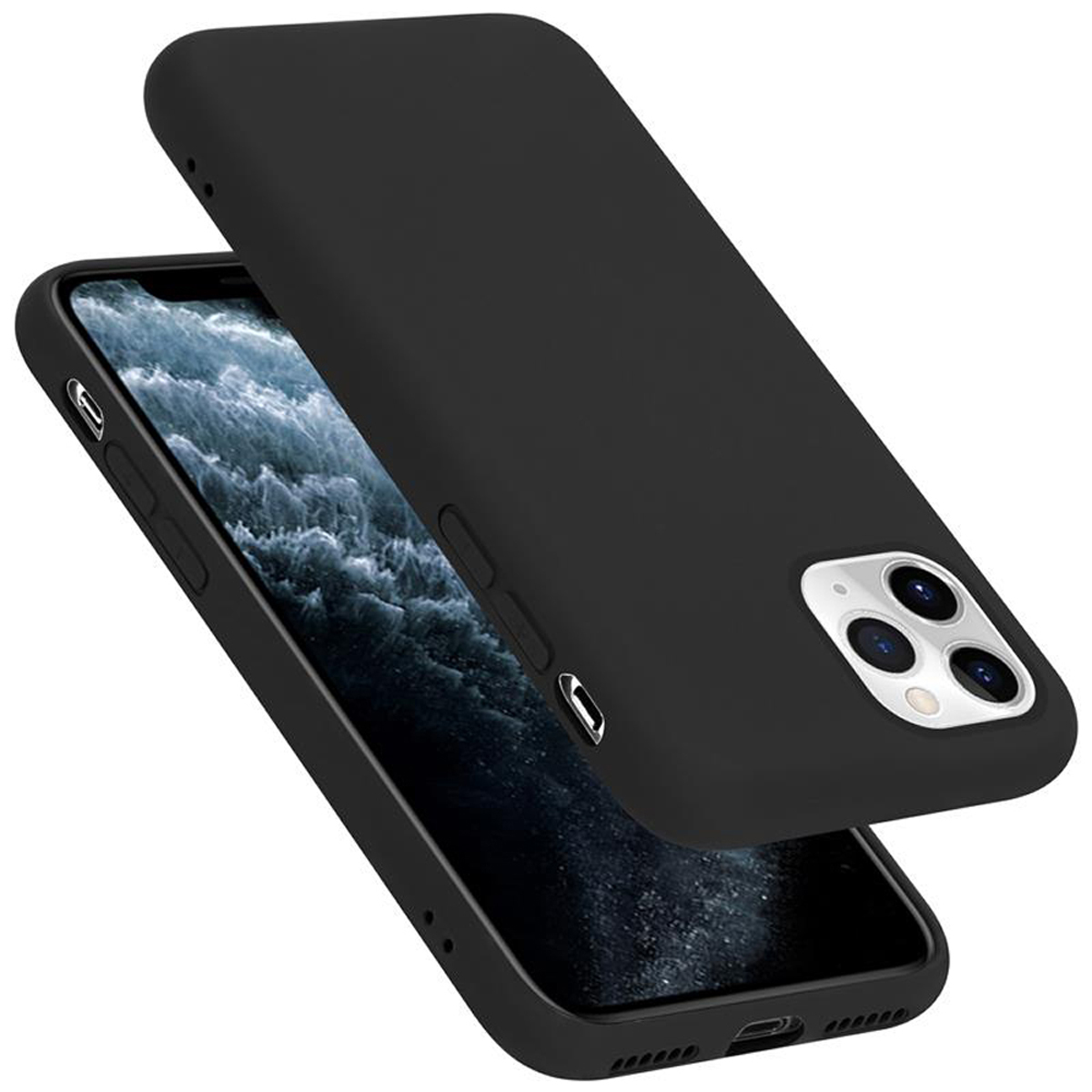Custodia per telefono nera con una texture liscia e un ricambio abbinato.