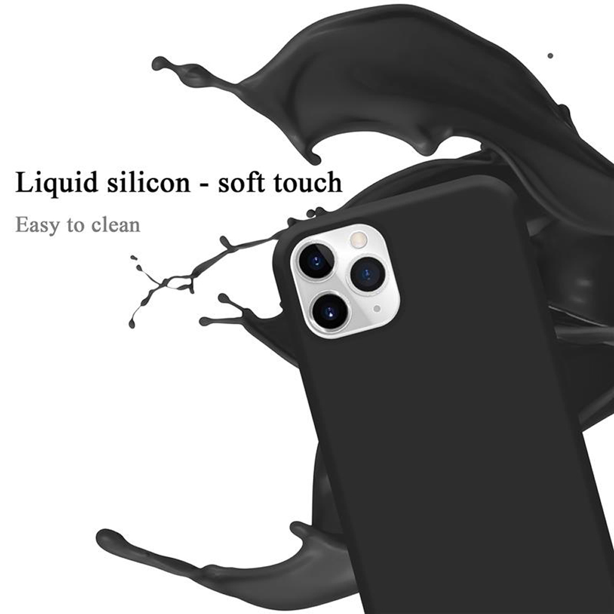 Liquido nero che schizza attorno a una custodia per telefono nera con un ritaglio per fotocamera a tripla lente.