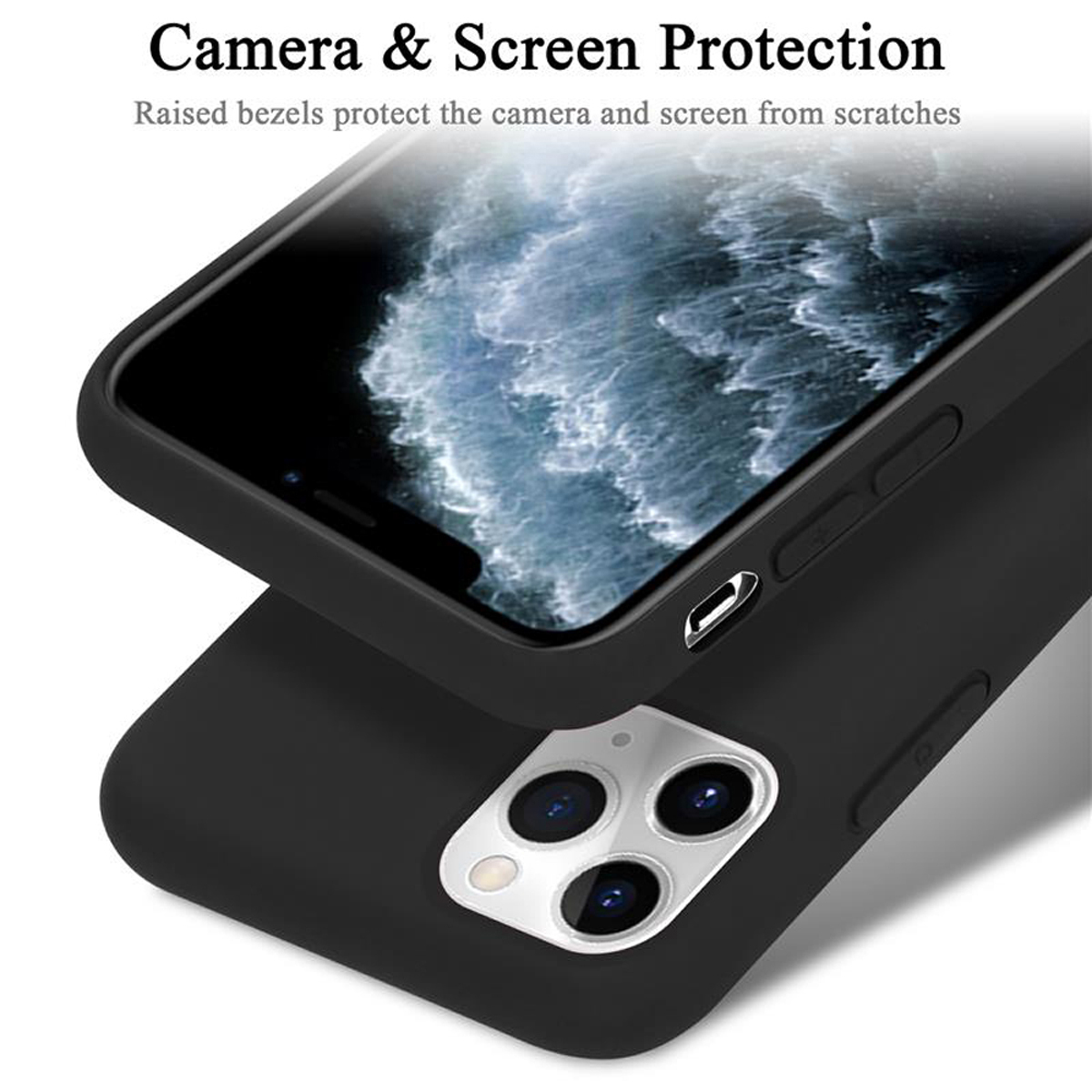 Custodia nera con protezione fotocamera. Le lunette rialzate proteggono fotocamera e schermo.