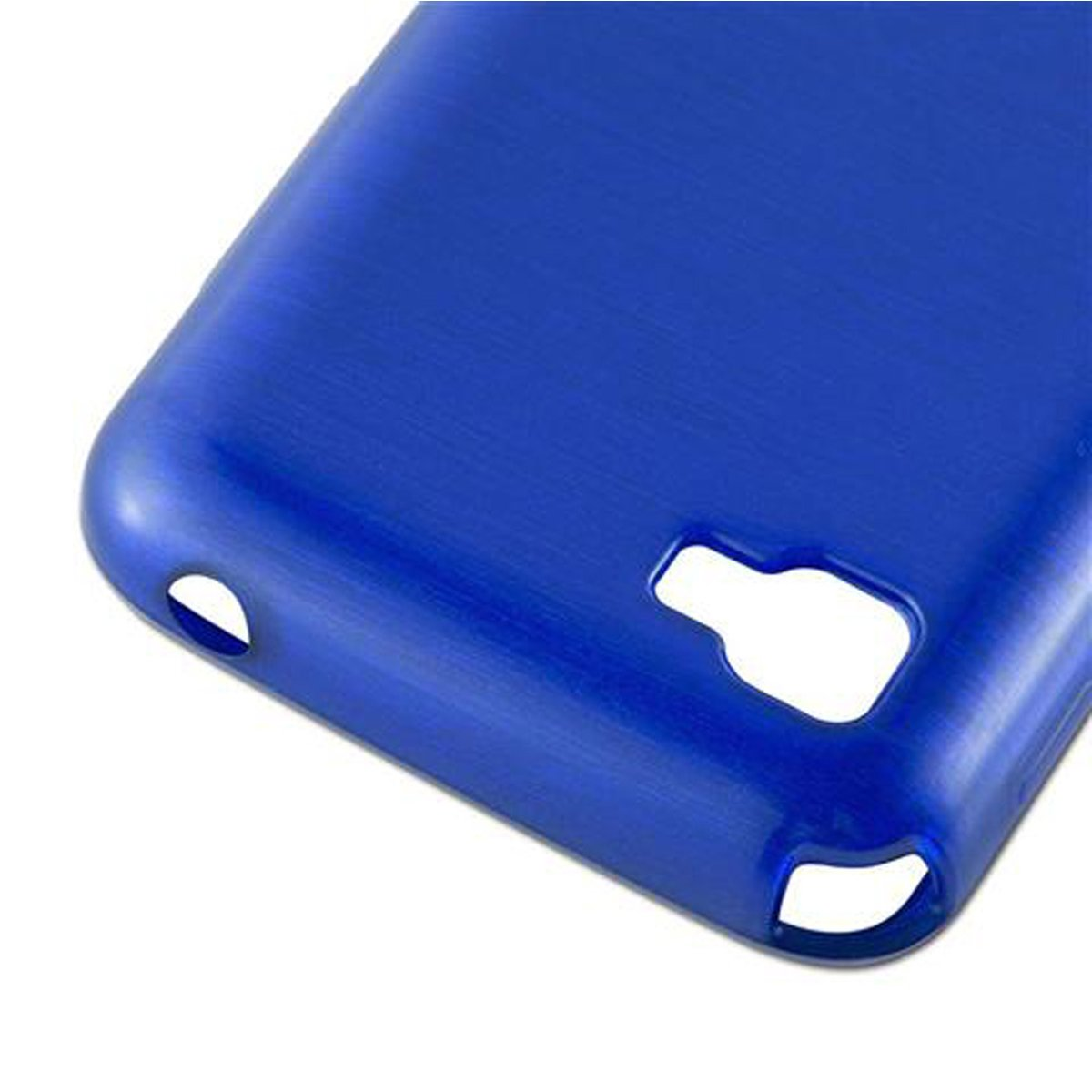 Blaue Handyhülle mit Löchern für Kamera und andere Telefonelemente. Weißer Hintergrund.