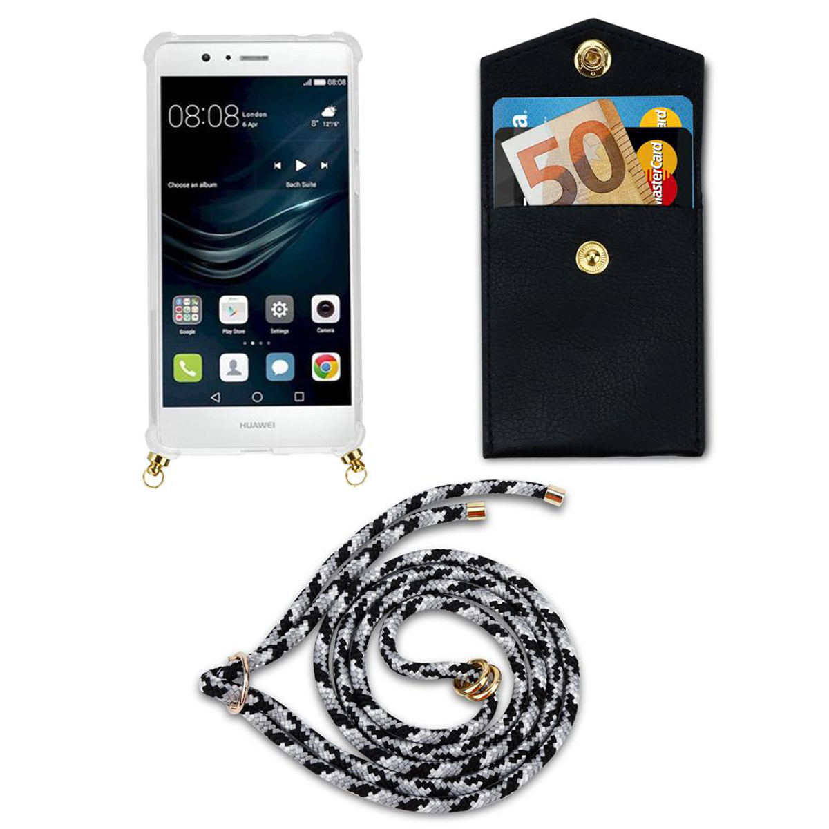 Telefono con custodia e cordino, mostra l'ora. Custodia con carta. Cordino bianco e nero.