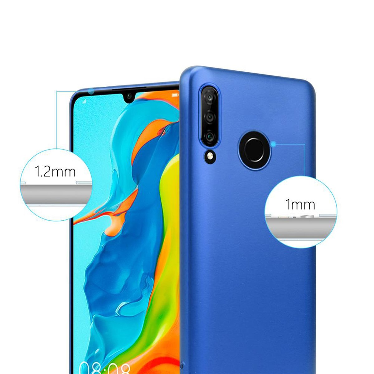 Una custodia blu per telefono con un telefono. Mostra dettagli di spessore di 1,2 mm e 1 mm con il contorno del telefono.