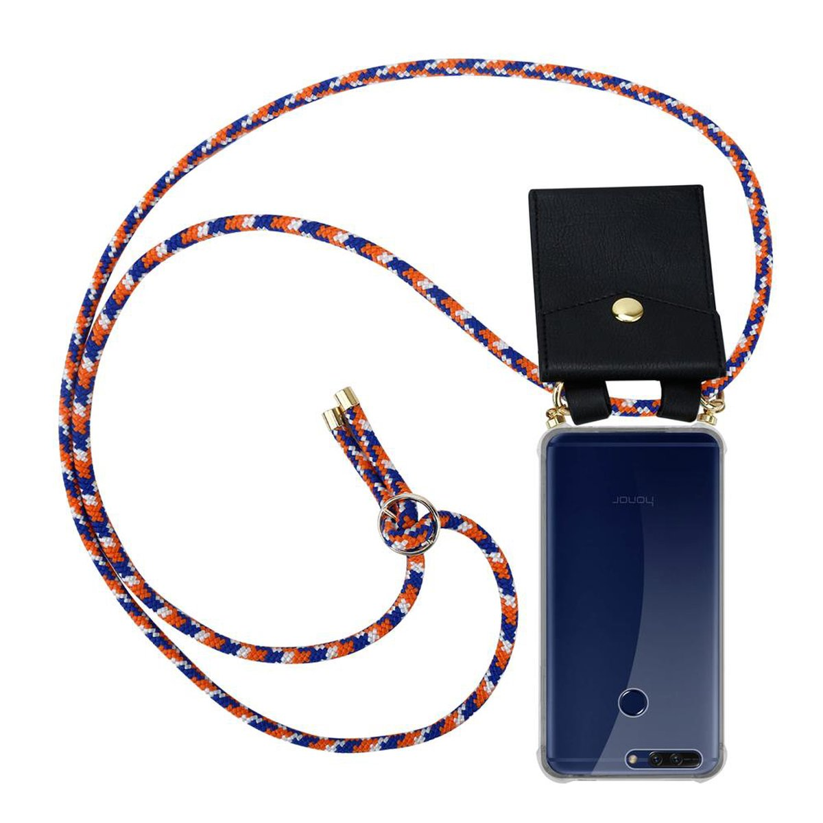 Kette BLAU Handy Honor, Kordel ORANGE WEIß und Backcover, Gold Band CADORABO Ringen, abnehmbarer Hülle, PRO, mit 8