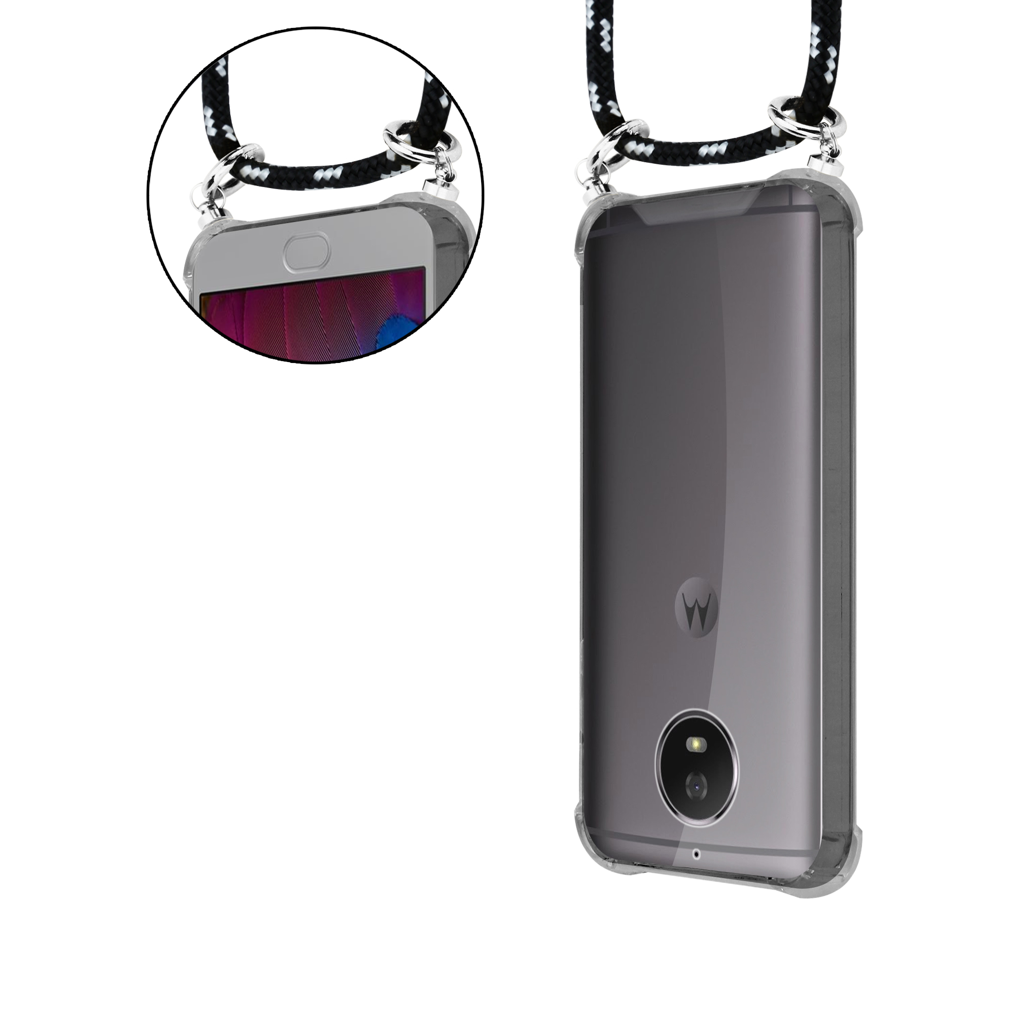 CADORABO Handy SILBER G5S, mit abnehmbarer Band Kette Kordel Ringen, Silber SCHWARZ Backcover, Motorola, und MOTO Hülle